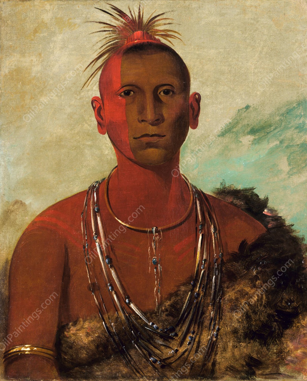 Nah-Se-us-Kuk, Whirling Thunder, Eldest Son of Black Hawk  by George Catlin - Hand-Painted Oil Painting Reproduction