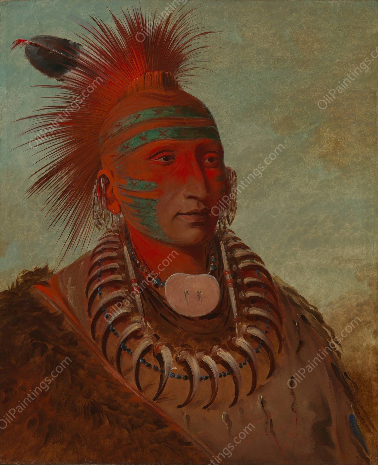 No-Ho-Mun-Ya, One Who Gives No Attention  by George Catlin - Hand-Painted Oil Painting Reproduction