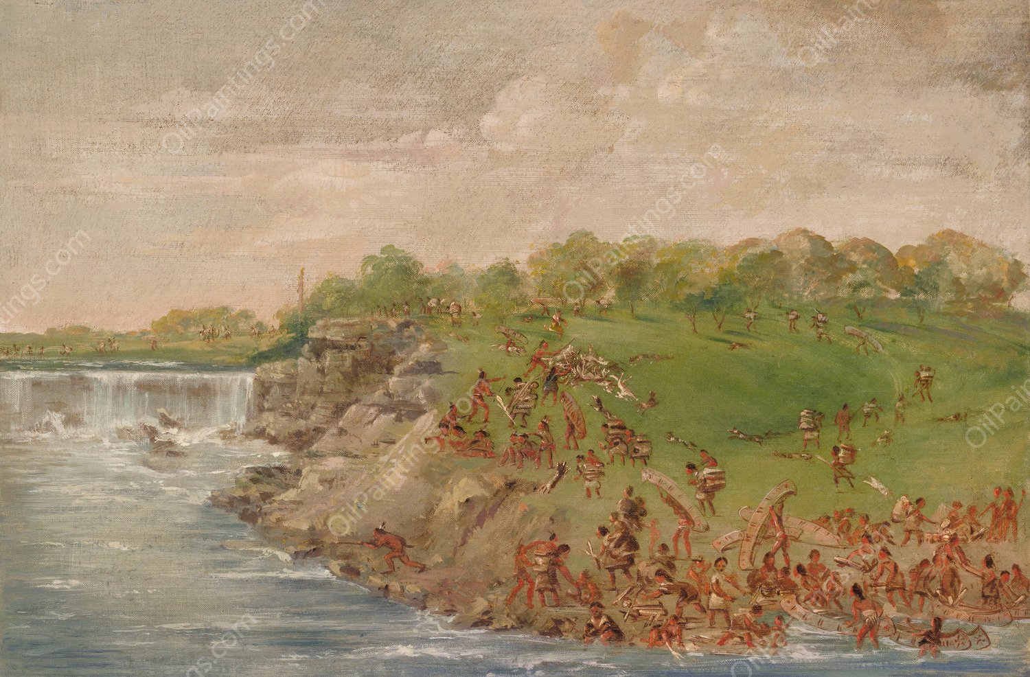 Ojibwa Portaging Around The Falls Of St. Anthony  by George Catlin - Hand-Painted Oil Painting Reproduction