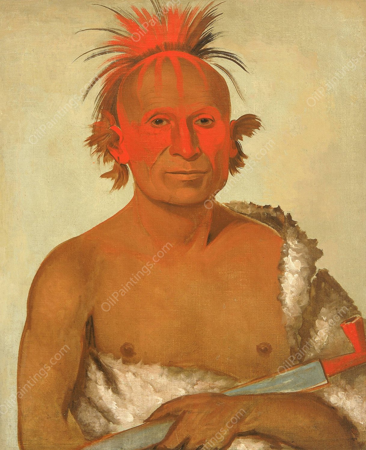 Pash-ee-pa-ho, Little Stabbing Chief, the Younger, One of Black Hawk's Braves  by George Catlin - Hand-Painted Oil Painting Reproduction
