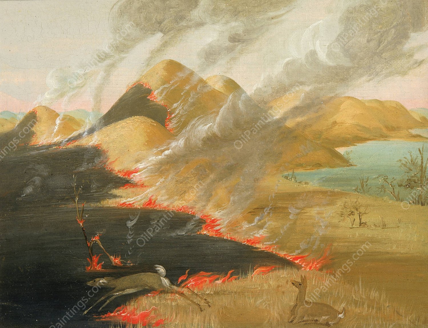 Prairie Bluffs Burning  by George Catlin - Hand-Painted Oil Painting Reproduction