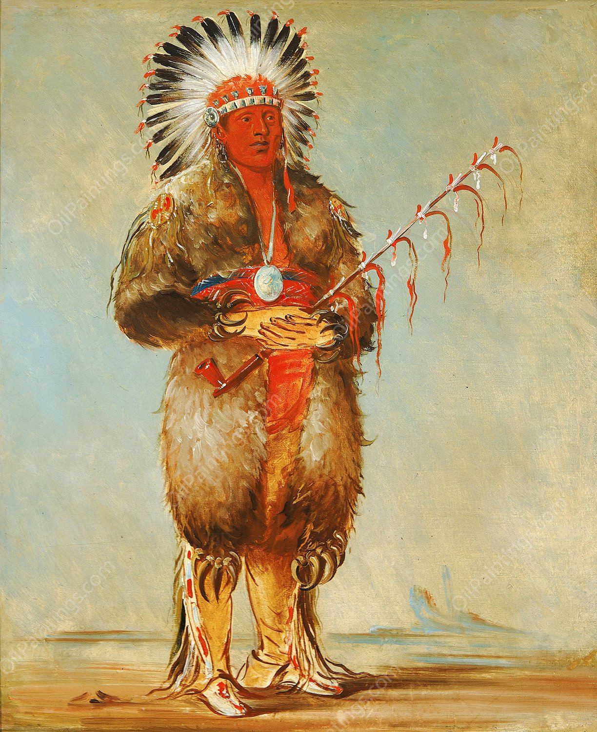 Raw-No-Way-Woh-Krah, Loose Pipestem, a Brave  by George Catlin - Hand-Painted Oil Painting Reproduction
