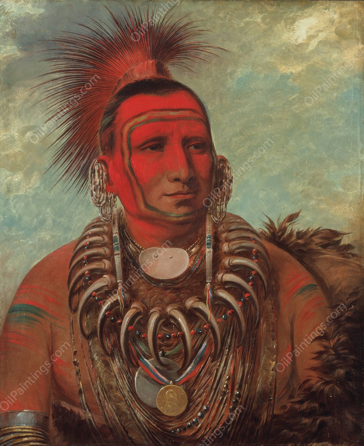 Shon-Ta-Yi-Ga, Little Wolf, a Famous Warrior  by George Catlin - Hand-Painted Oil Painting Reproduction