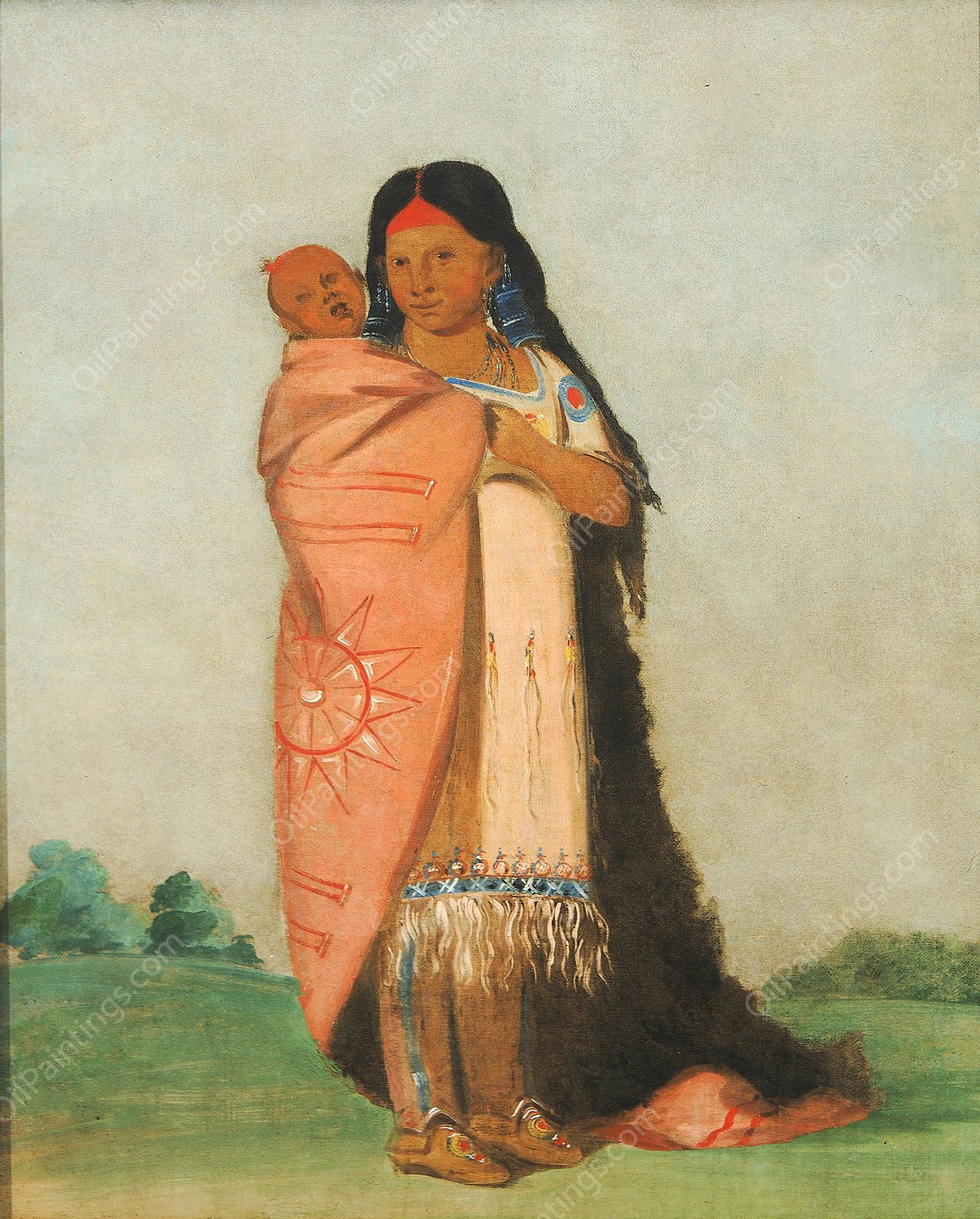 Tsee-Mount, Great Wonder, Carrying Her Baby In Her Robe  by George Catlin - Hand-Painted Oil Painting Reproduction