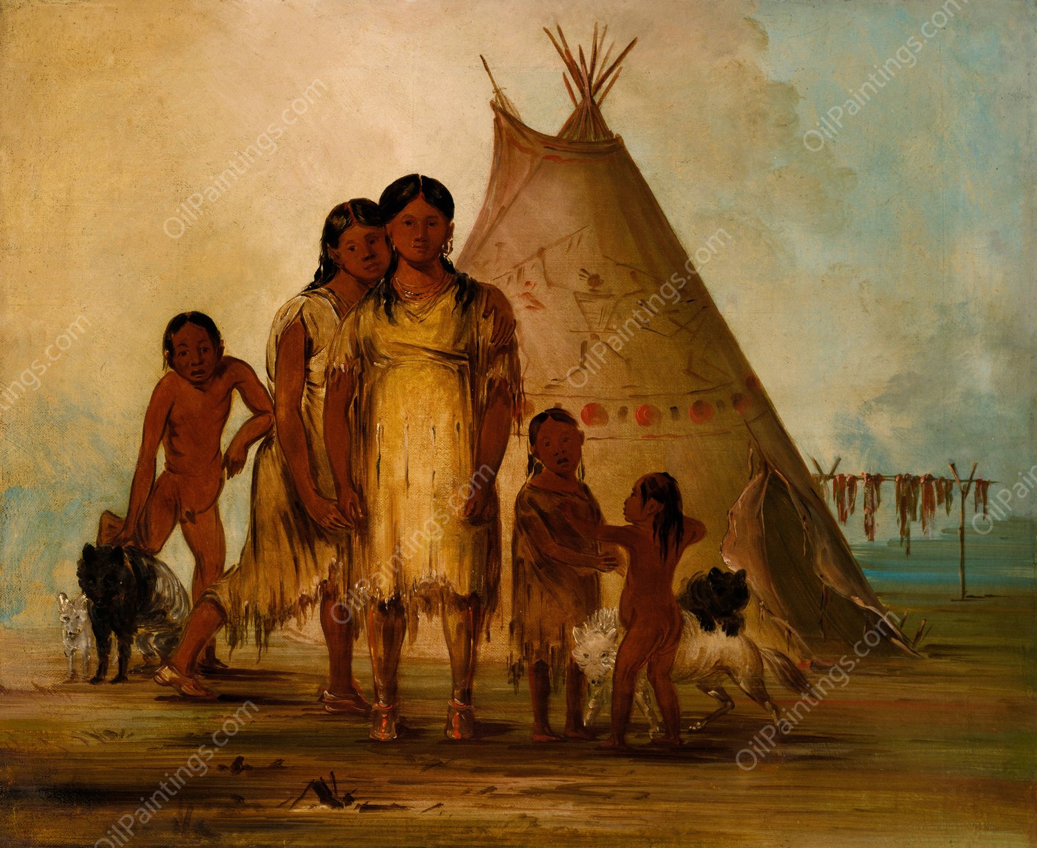 Two Comanche Girls  by George Catlin - Hand-Painted Oil Painting Reproduction