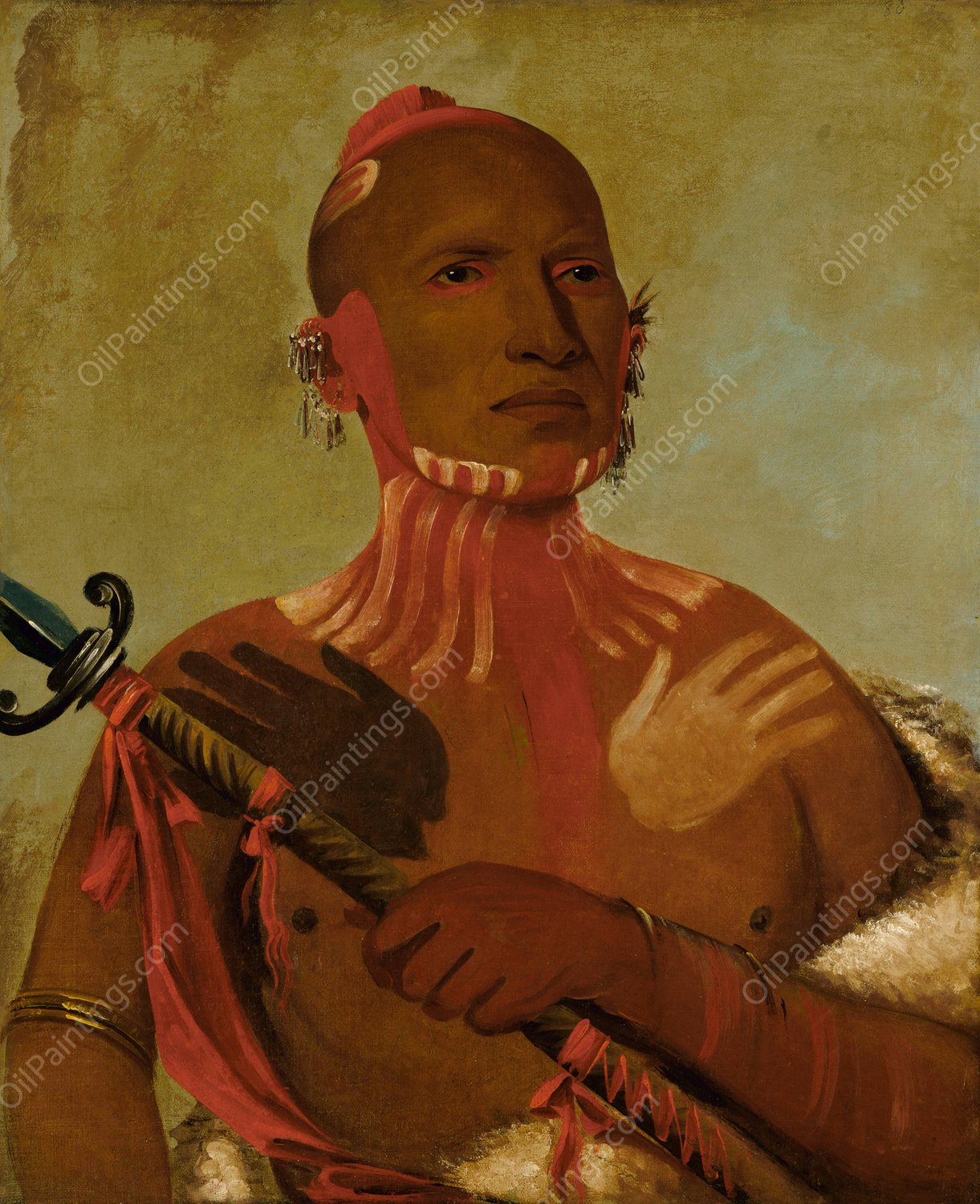 Wee-Sheet, Sturgeon's Head, a Fox Warrior  by George Catlin - Hand-Painted Oil Painting Reproduction