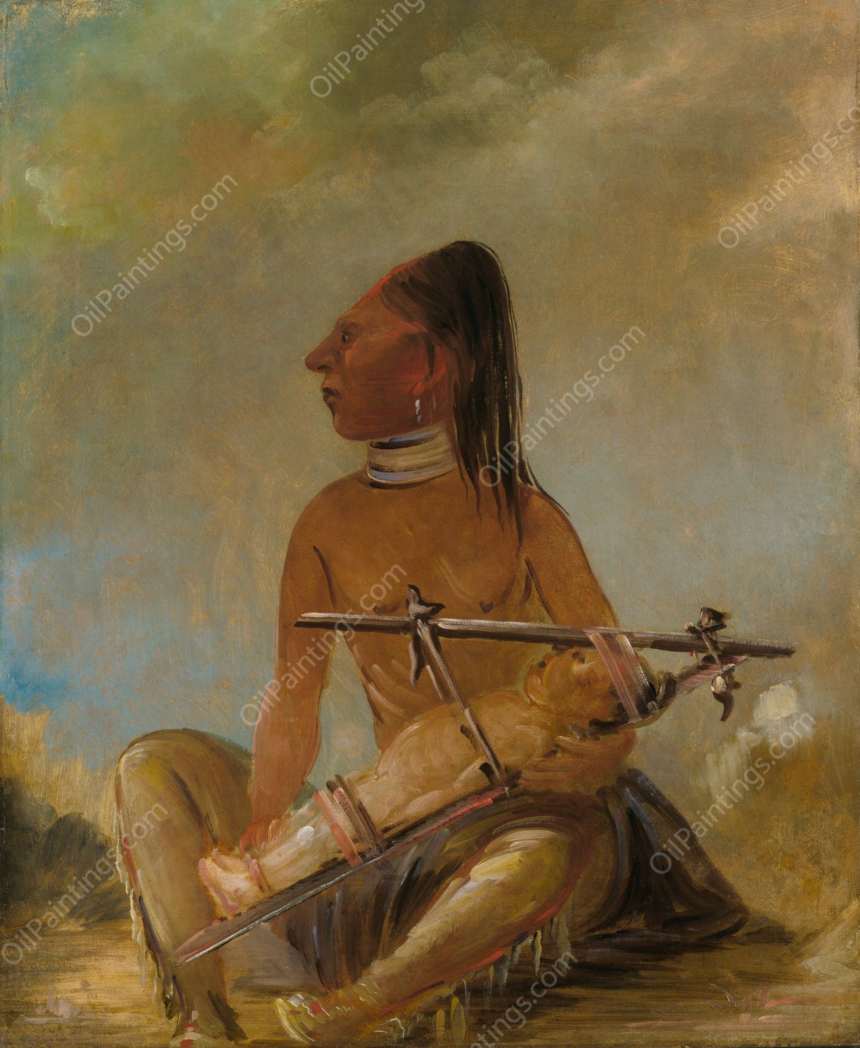 Woman And Child, Showing How The Heads of Children Are Flattened  by George Catlin - Hand-Painted Oil Painting Reproduction