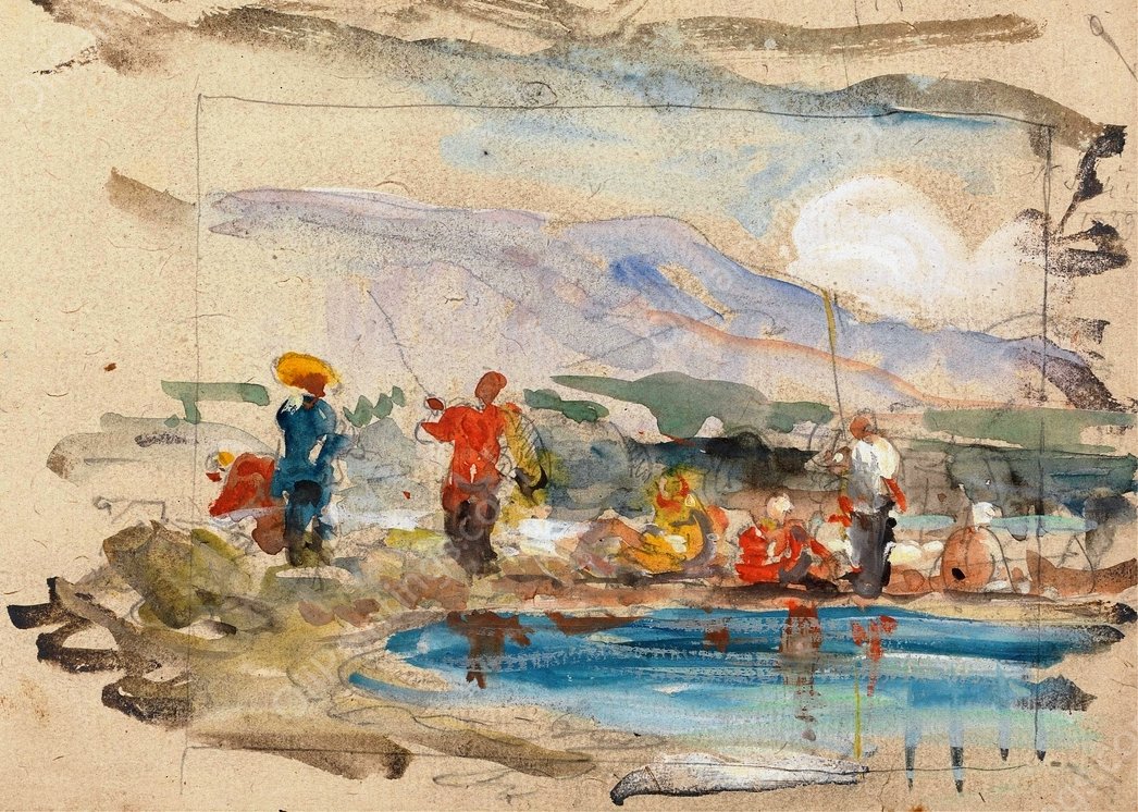 A Pool with Figures  by George Chinnery - Hand-Painted Oil Painting Reproduction