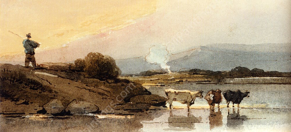 An Indian Herdsman On A Bank, Cattle Watering In A River Below by George Chinnery - Hand-Painted Oil Painting Reproduction