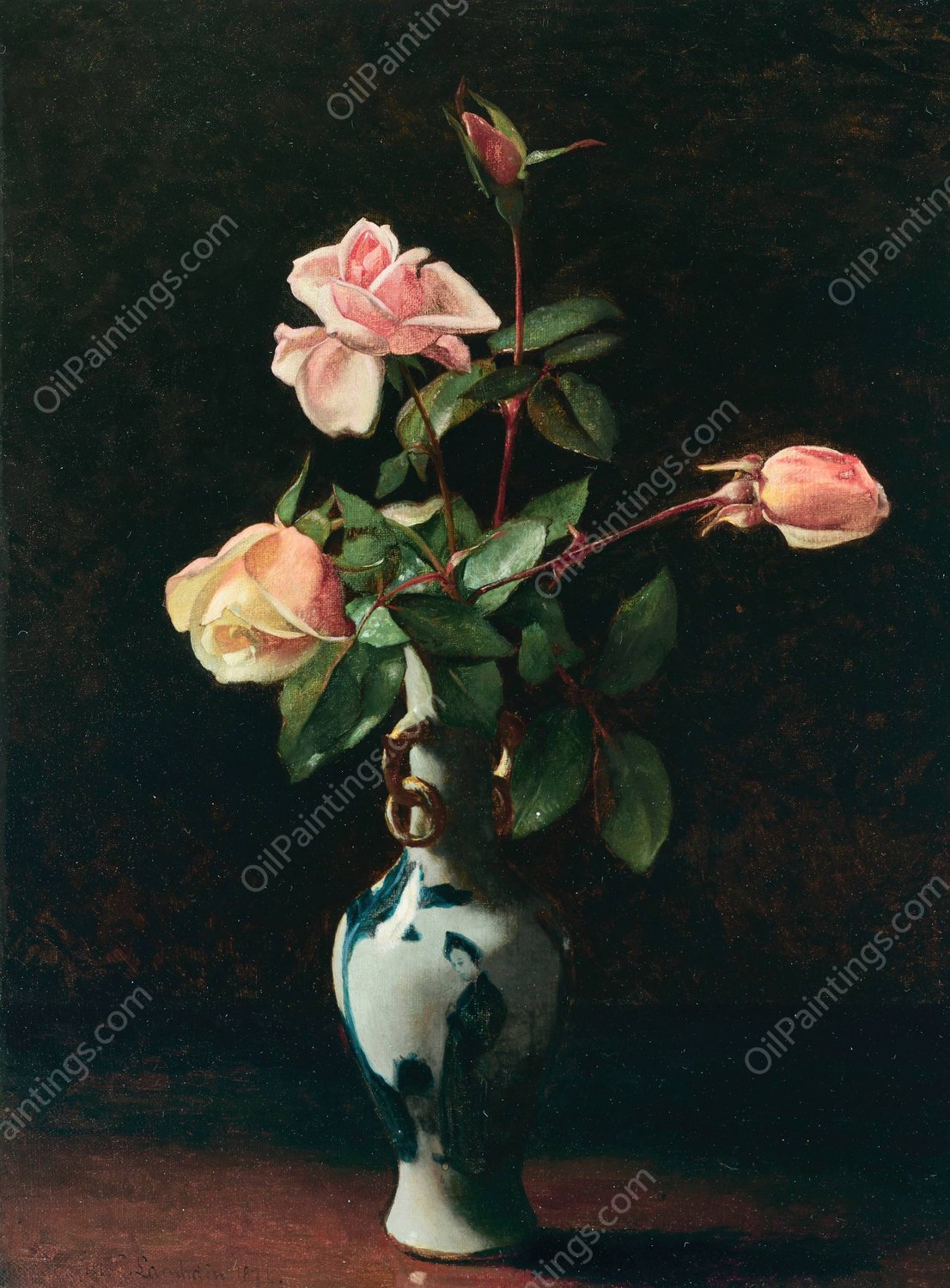 Roses in a Chinese Vase  by George Cochran Lambdin - Hand-Painted Oil Painting Reproduction