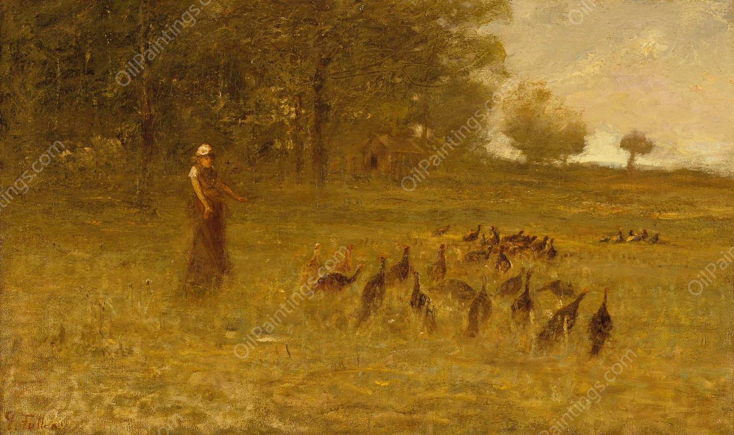Girl with Turkeys  by George Fuller - Hand-Painted Oil Painting Reproduction