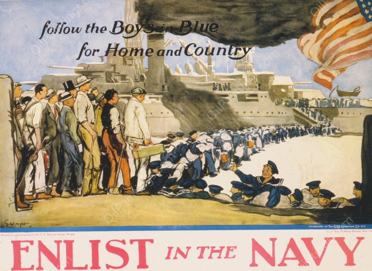 Enlist in the Navy follow the boys in blue for home and country by George Hand Wright - Hand-Painted Oil Painting Reproduction