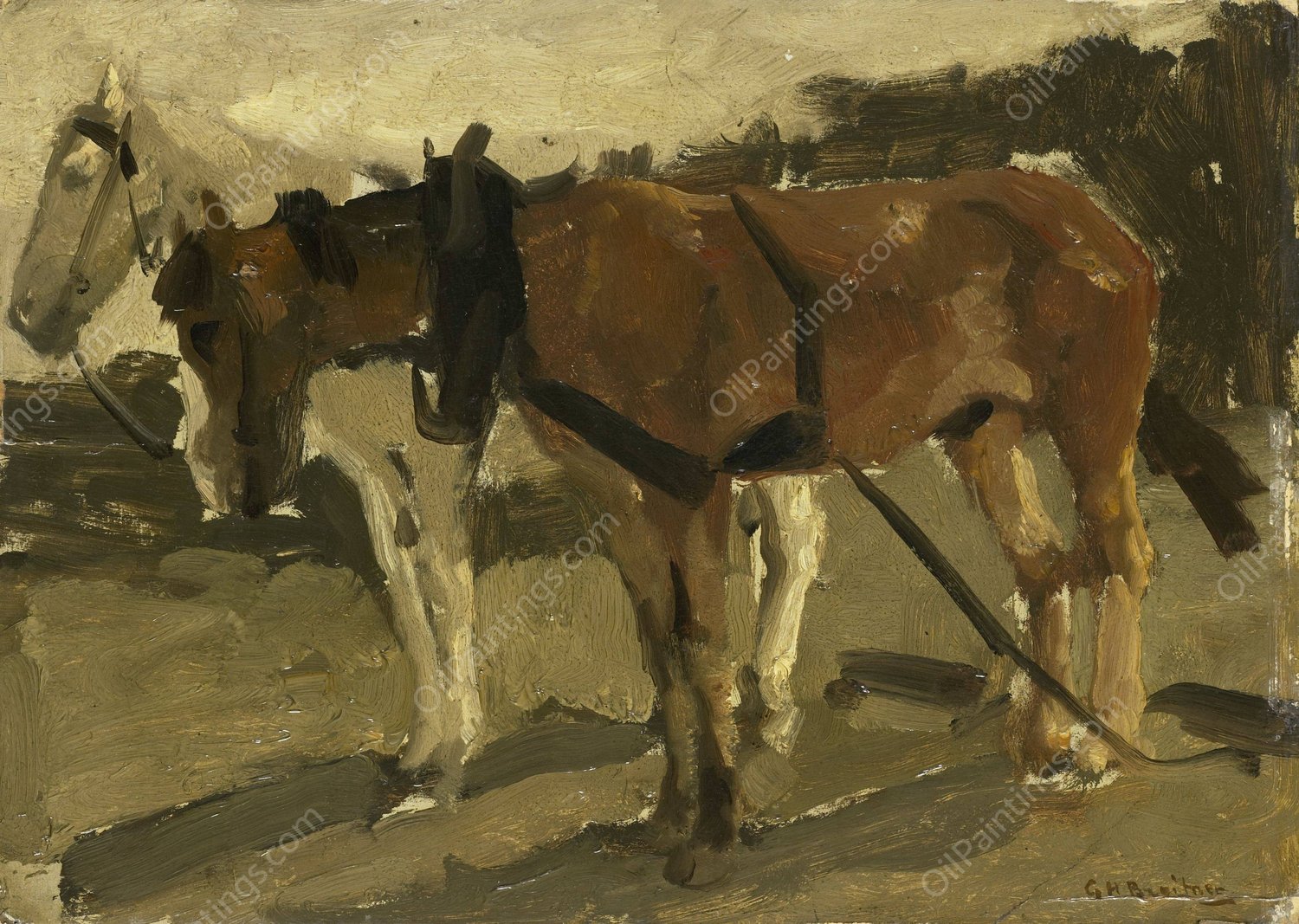 A Brown and a White Horse in Scheveningen  by George Hendrik Breitner - Hand-Painted Oil Painting Reproduction