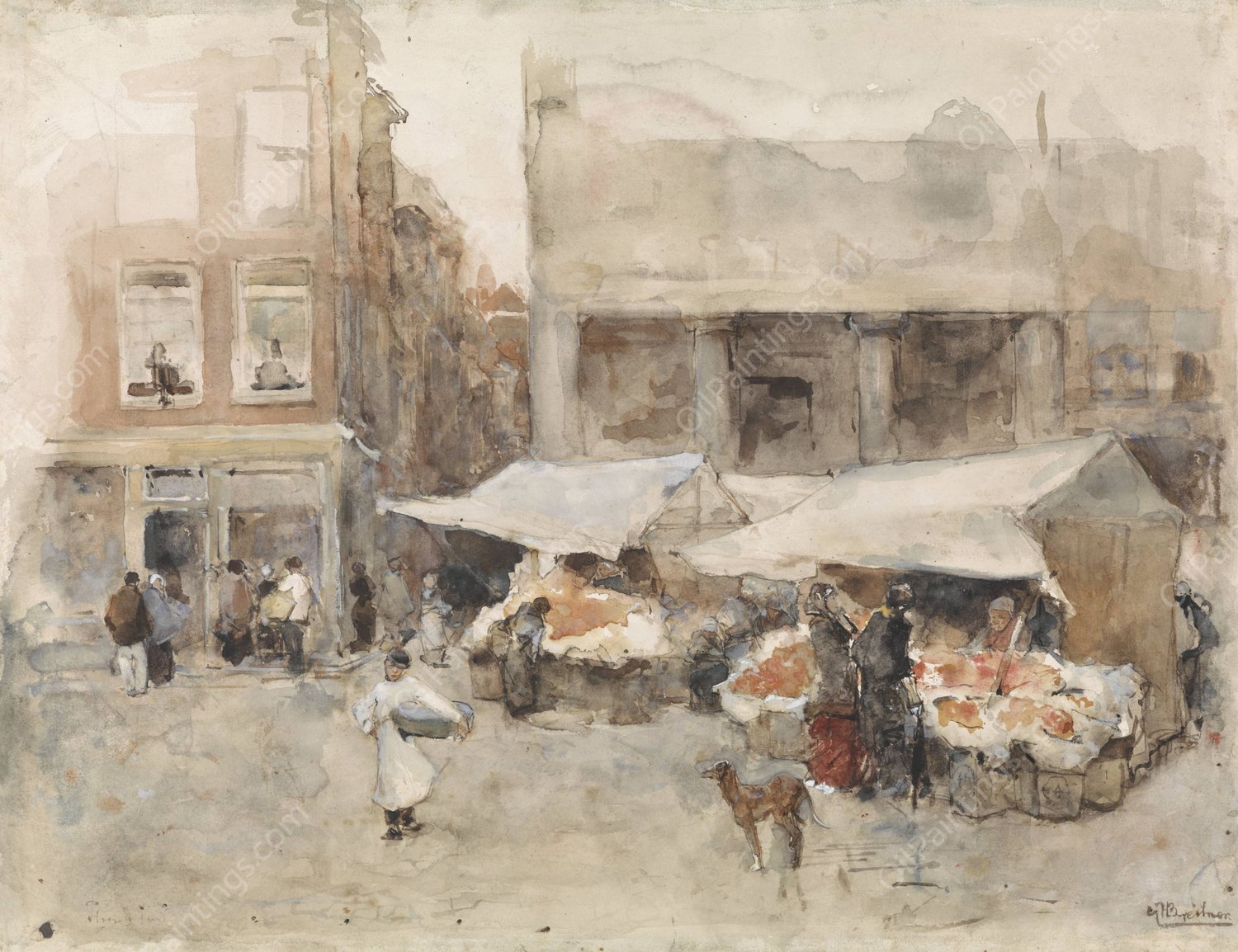 Markt met bloemenstalletjes  by George Hendrik Breitner - Hand-Painted Oil Painting Reproduction