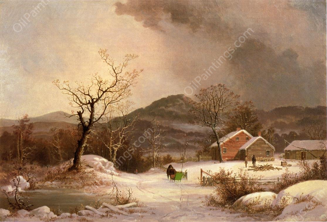 Farmstead and Sleigh in Winter by George Henry Durrie - Hand-Painted Oil Painting Reproduction