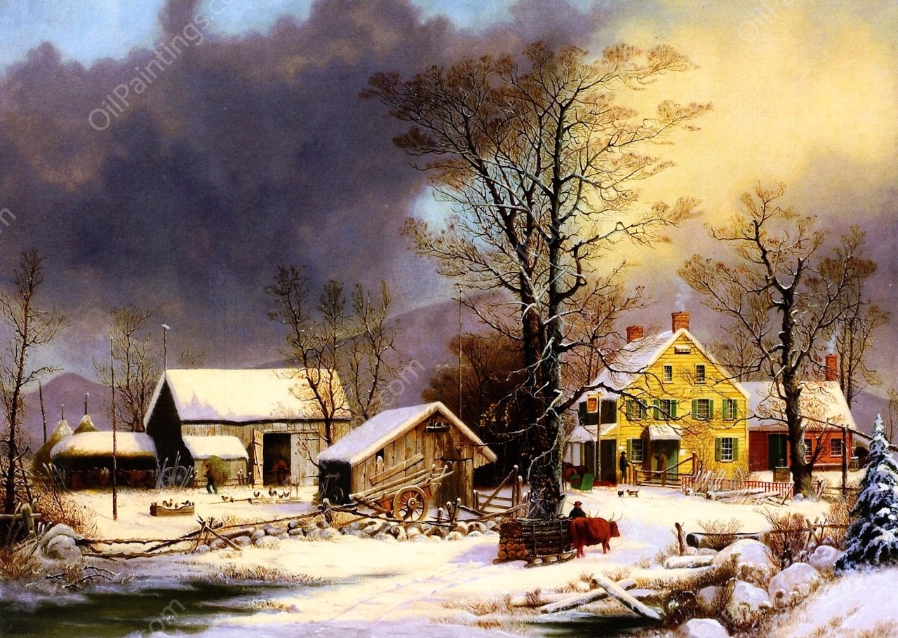 Winter in the Country, A Cold Morning 2 by George Henry Durrie - Hand-Painted Oil Painting Reproduction