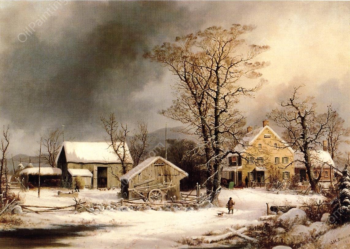 Winter in the Country, A Cold Morning by George Henry Durrie - Hand-Painted Oil Painting Reproduction