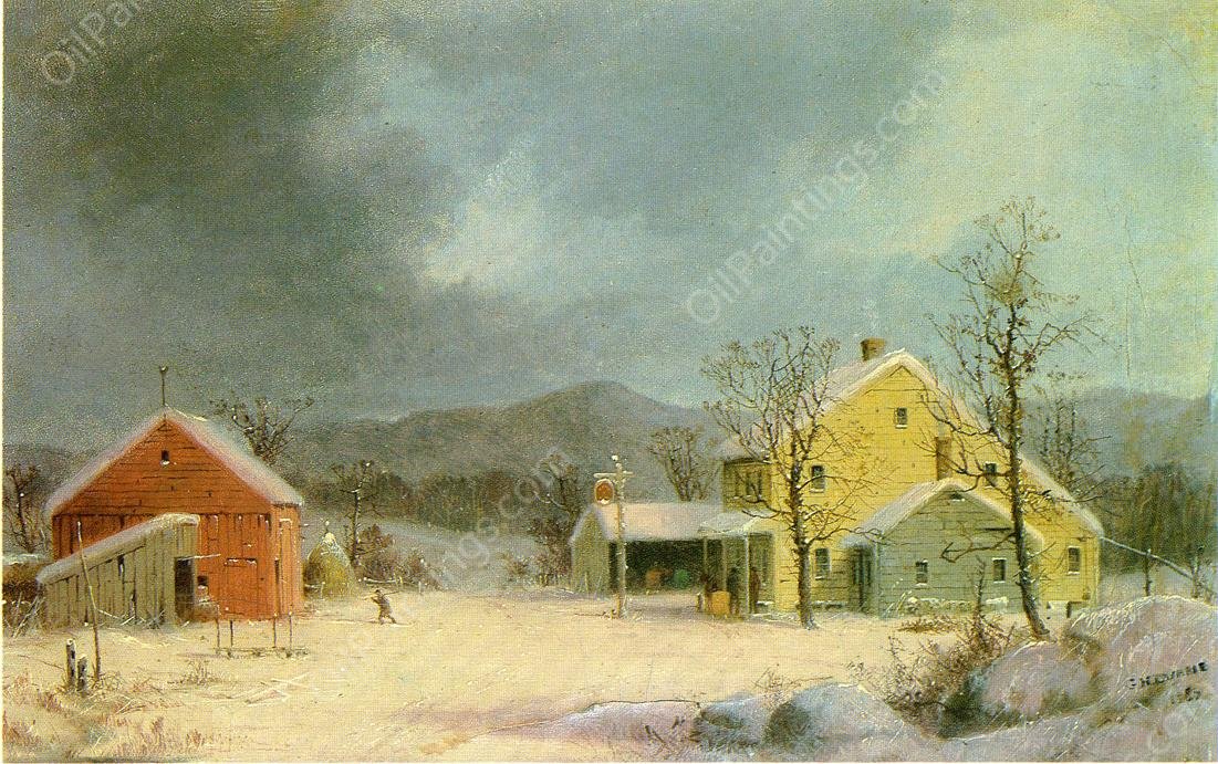 Yellow Farmhouse in Winter by George Henry Durrie - Hand-Painted Oil Painting Reproduction