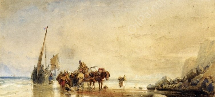 Figures Unloading Fishing Boats on Shore by George Howse - Hand-Painted Oil Painting Reproduction