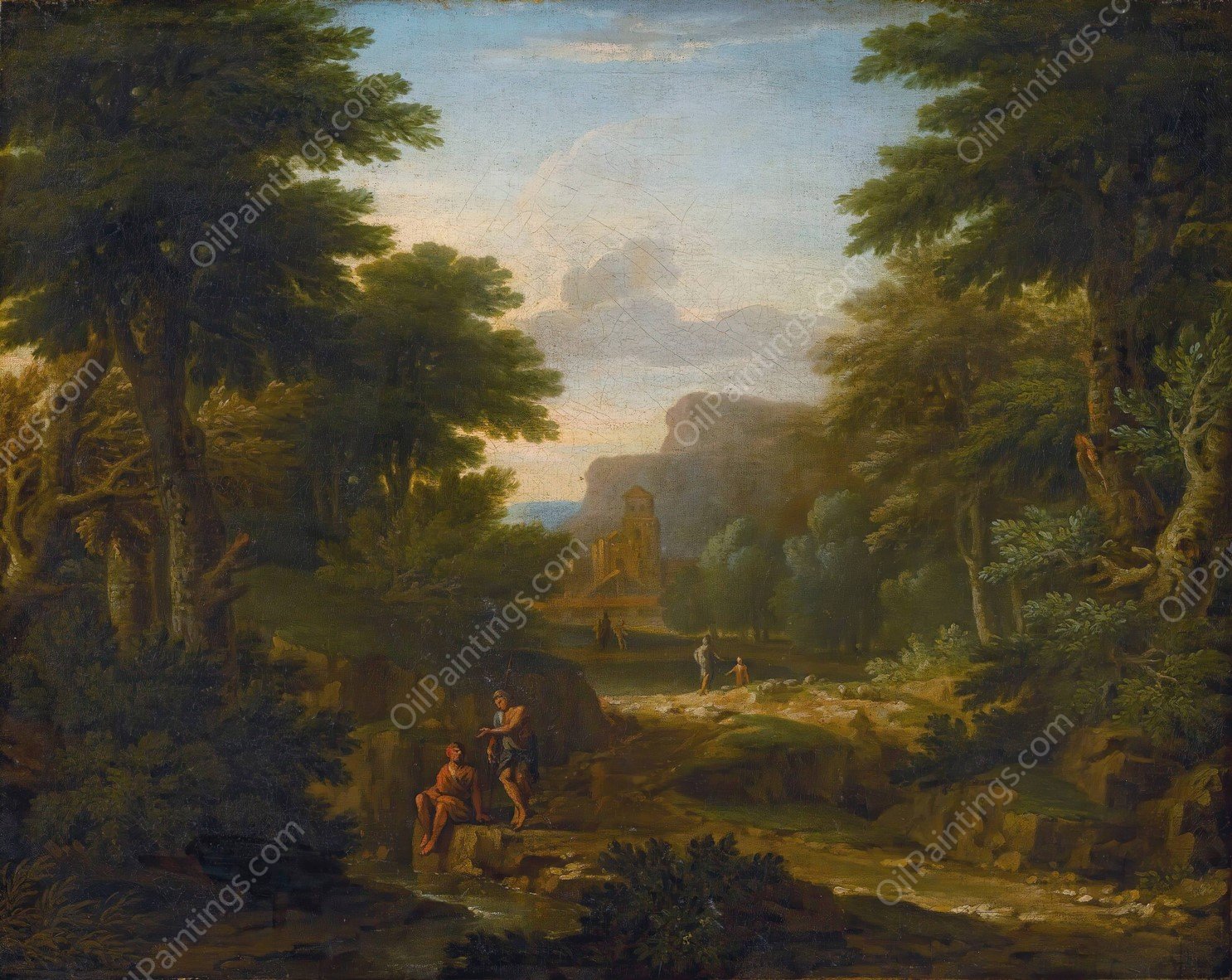 Wooded landscape with figures resting by a stream  by George Lambert - Hand-Painted Oil Painting Reproduction