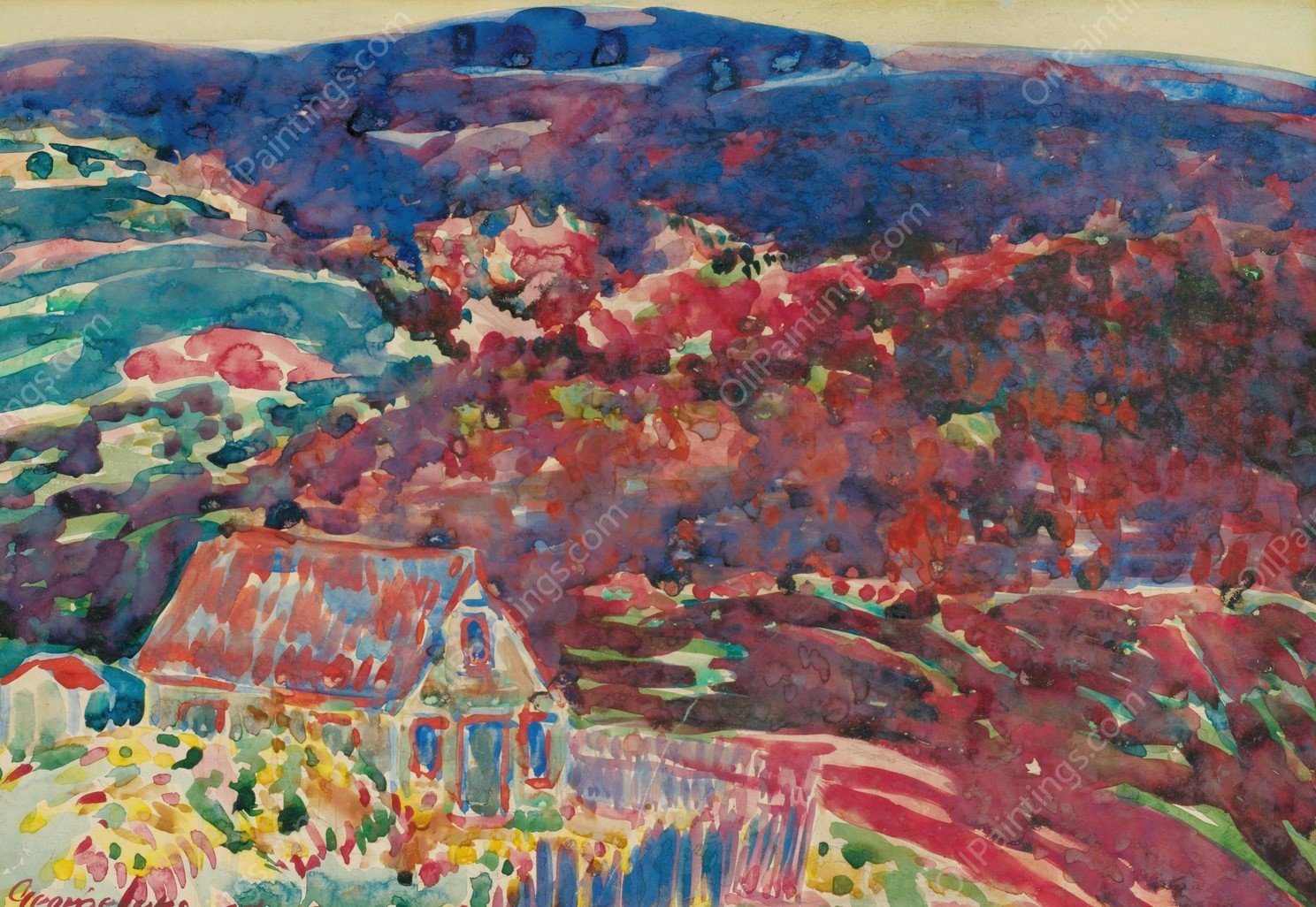 Purple Hills by George Luks - Hand-Painted Oil Painting Reproduction