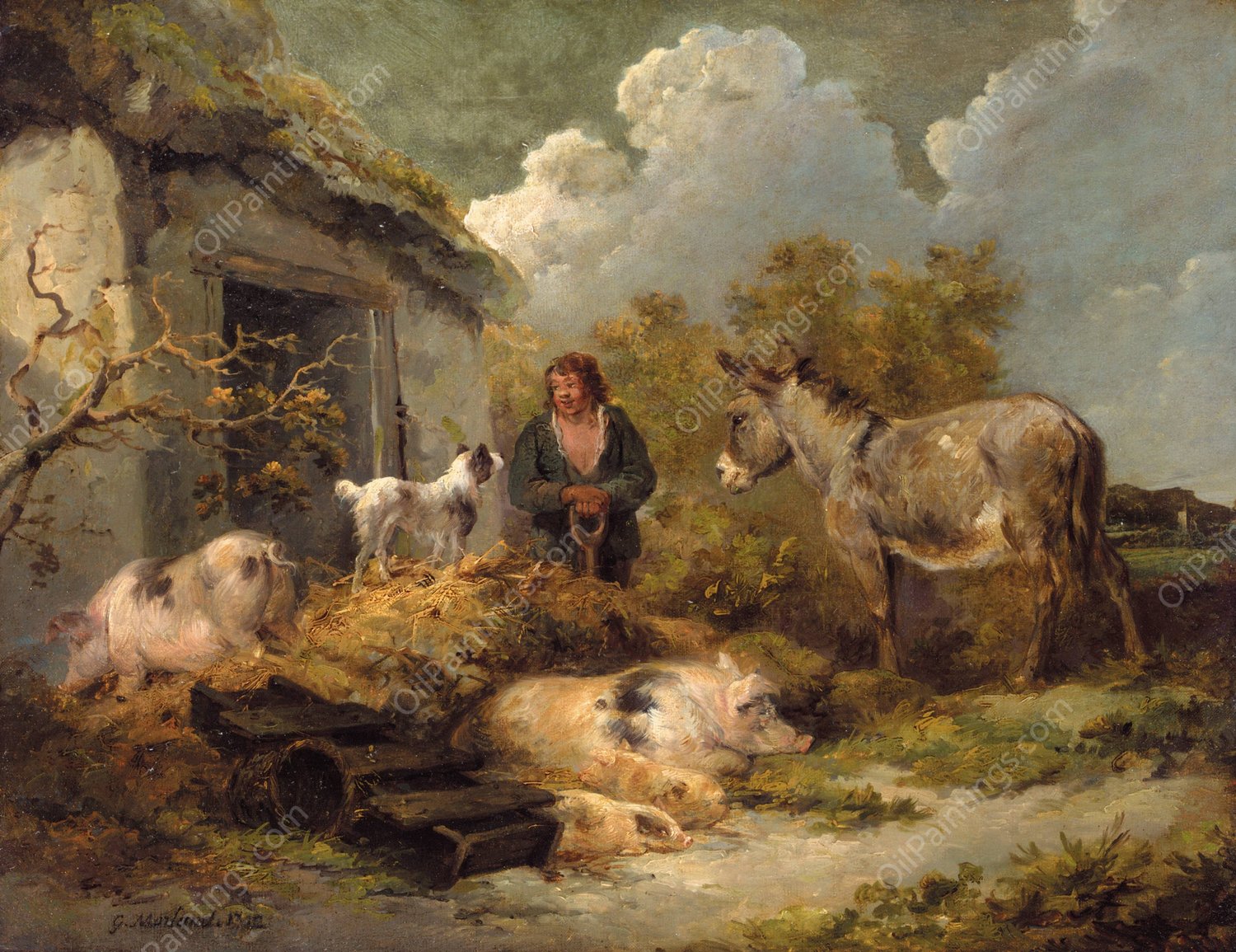 A Farm Boy With a Donkey, Pigs And a Sheep Dog  by George Morland - Hand-Painted Oil Painting Reproduction