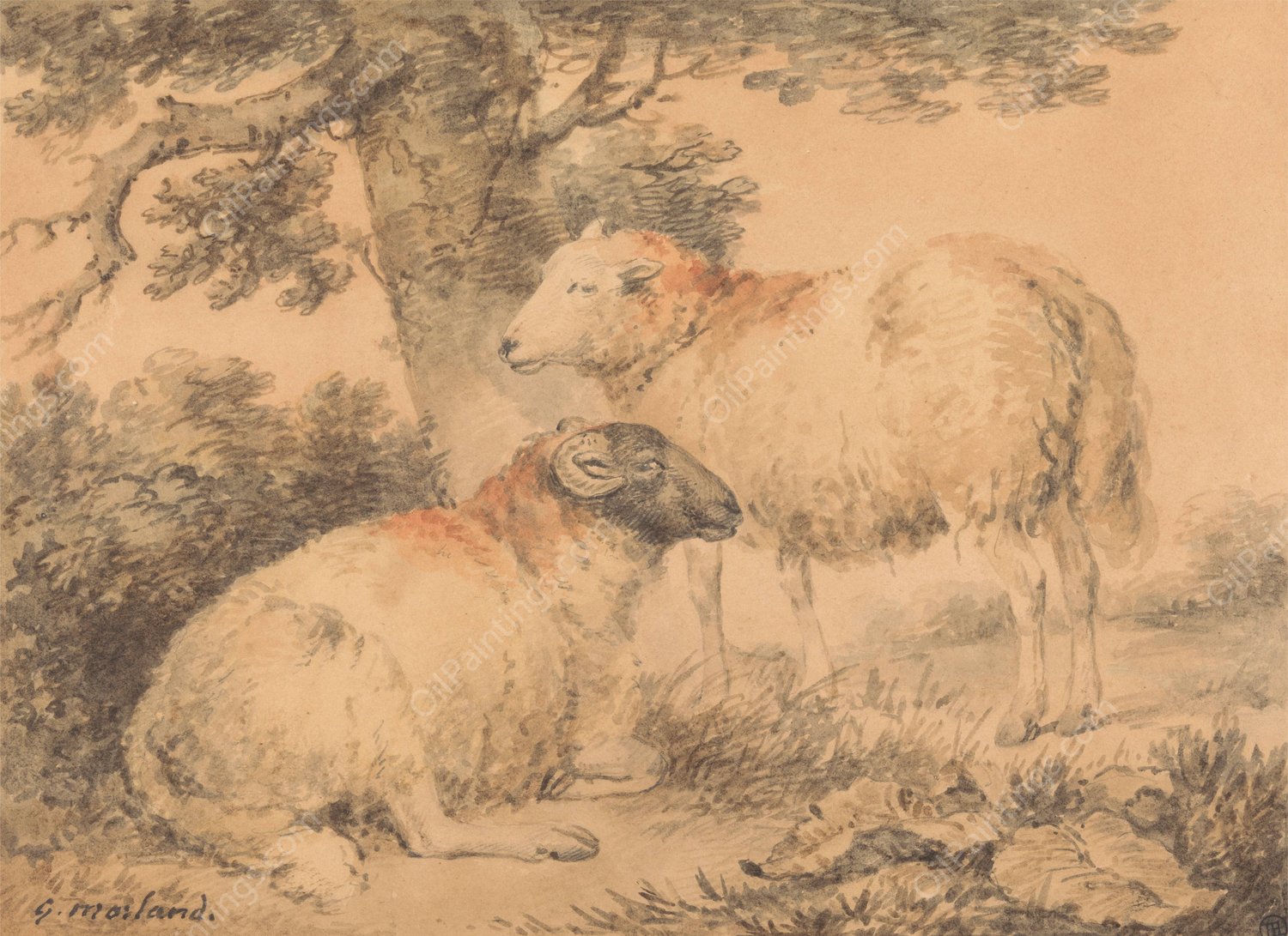 A Ram and Ewe in a Landscape by George Morland - Hand-Painted Oil Painting Reproduction