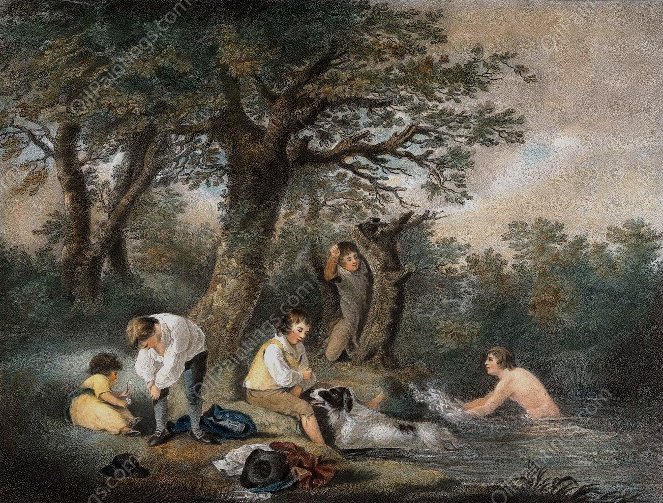 Boys Bathing  by George Morland - Hand-Painted Oil Painting Reproduction