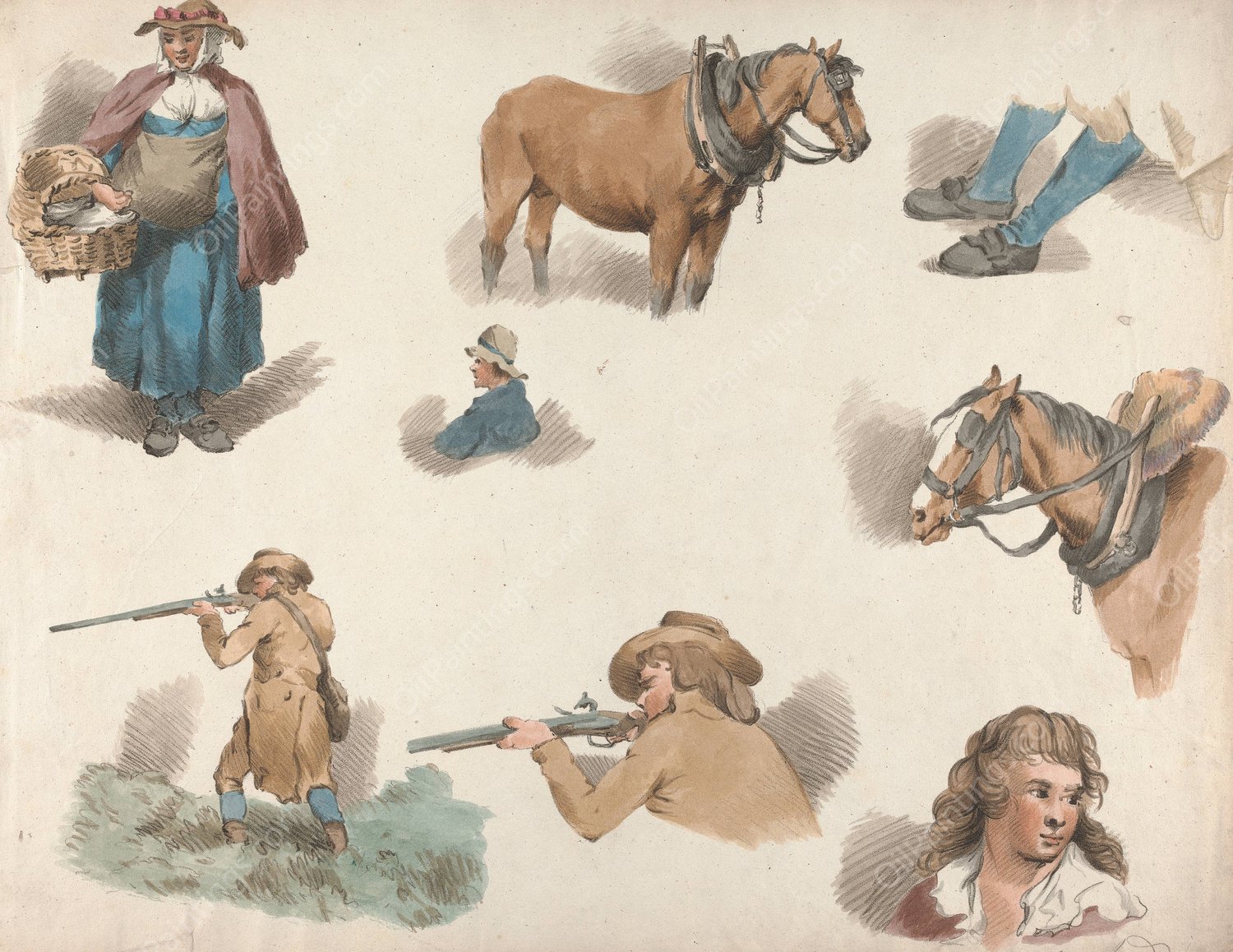 Eight studies; Woman with Basket, Blinkered Cart Horse, etc.  by George Morland - Hand-Painted Oil Painting Reproduction
