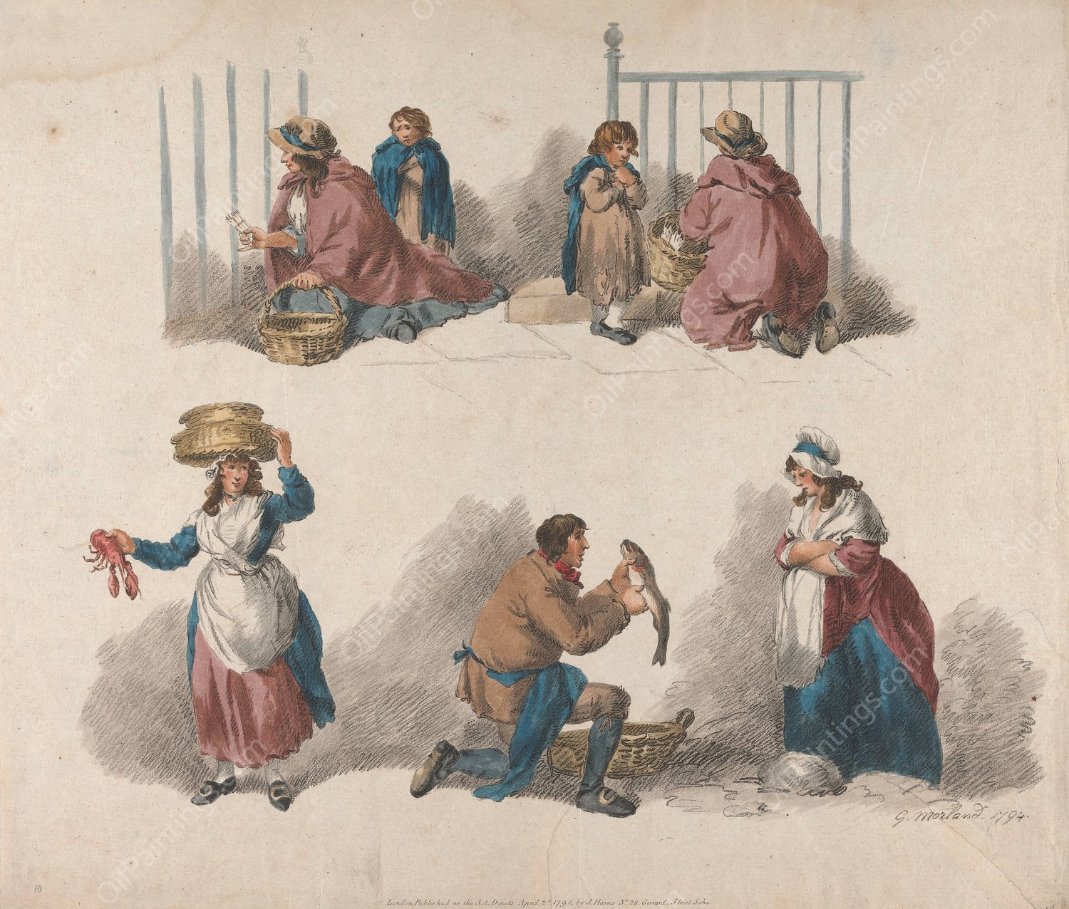 Five studies of Peddlers  by George Morland - Hand-Painted Oil Painting Reproduction