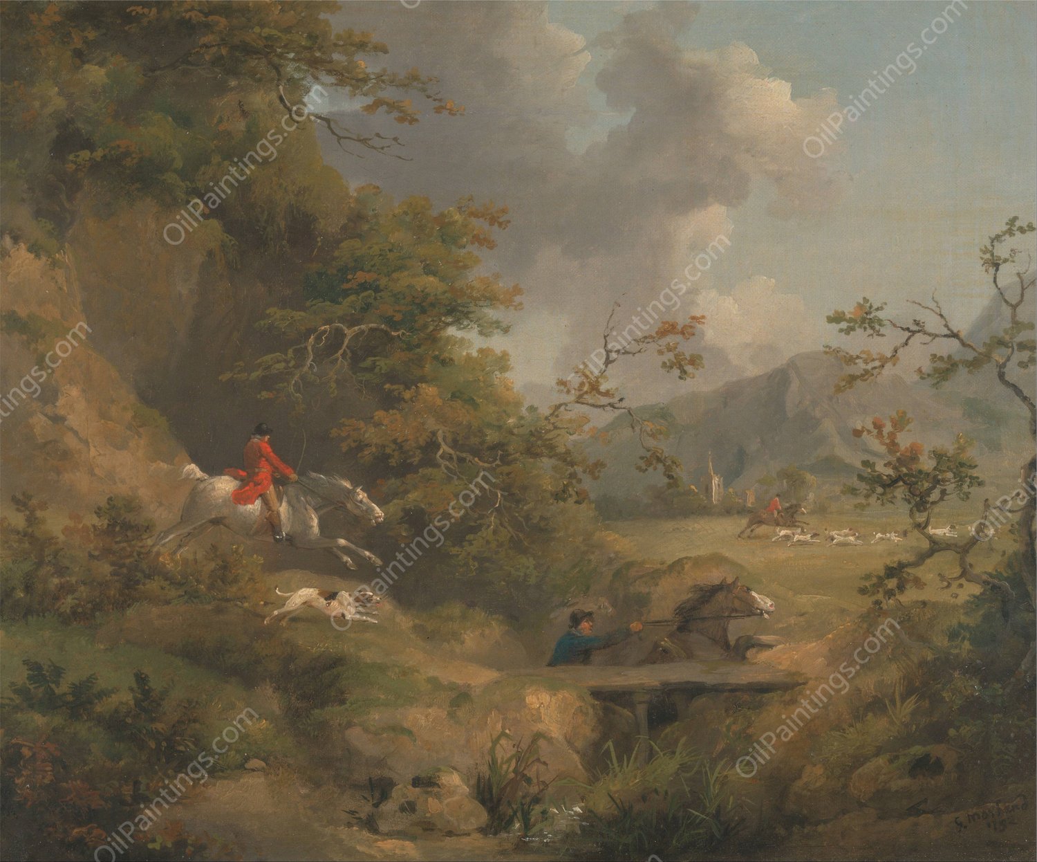 Foxhunting in Hilly Country by George Morland - Hand-Painted Oil Painting Reproduction