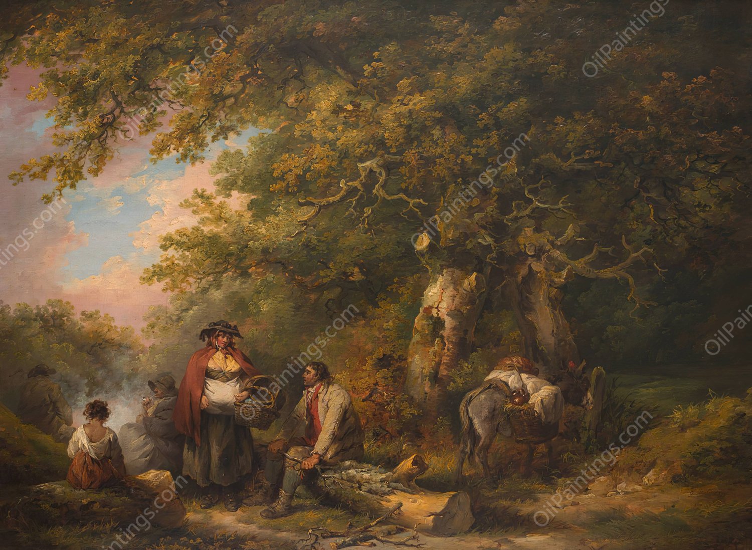 Gypsy Encampment with Seated Man Breaking Firewood  by George Morland - Hand-Painted Oil Painting Reproduction