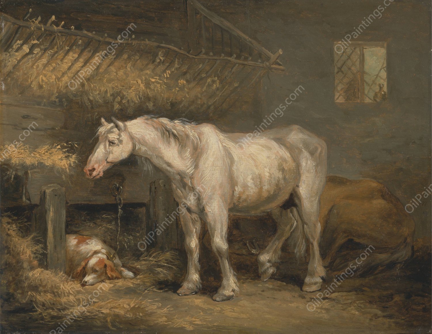 Old horses with a dog in a stable  by George Morland - Hand-Painted Oil Painting Reproduction