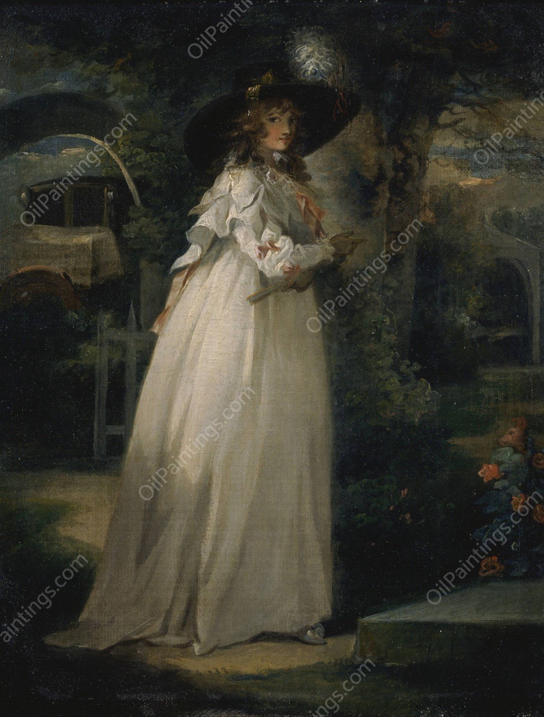 Portrait of a Girl in a Garden by George Morland - Hand-Painted Oil Painting Reproduction