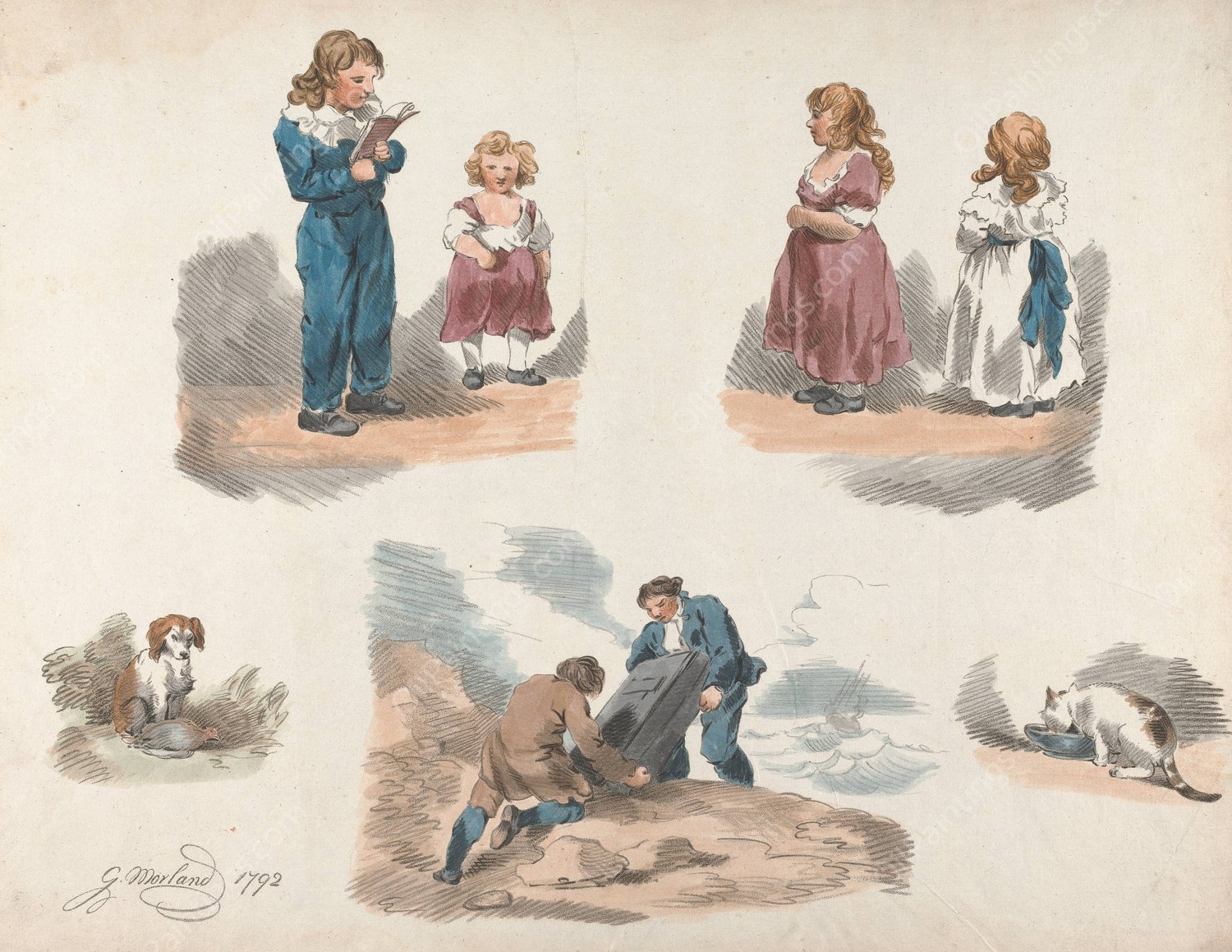 Studies of Children, a Dog, a Cat, etc.  by George Morland - Hand-Painted Oil Painting Reproduction