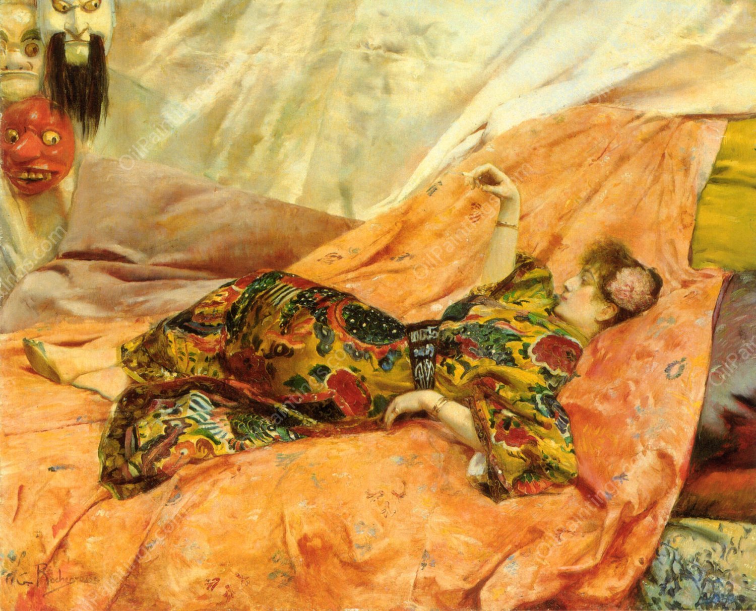 A Portrait of Sarah Bernhardt, Reclining in a Chinois Interior by Georges Antoine Rochegrosse - Hand-Painted Oil Painting Reproduction