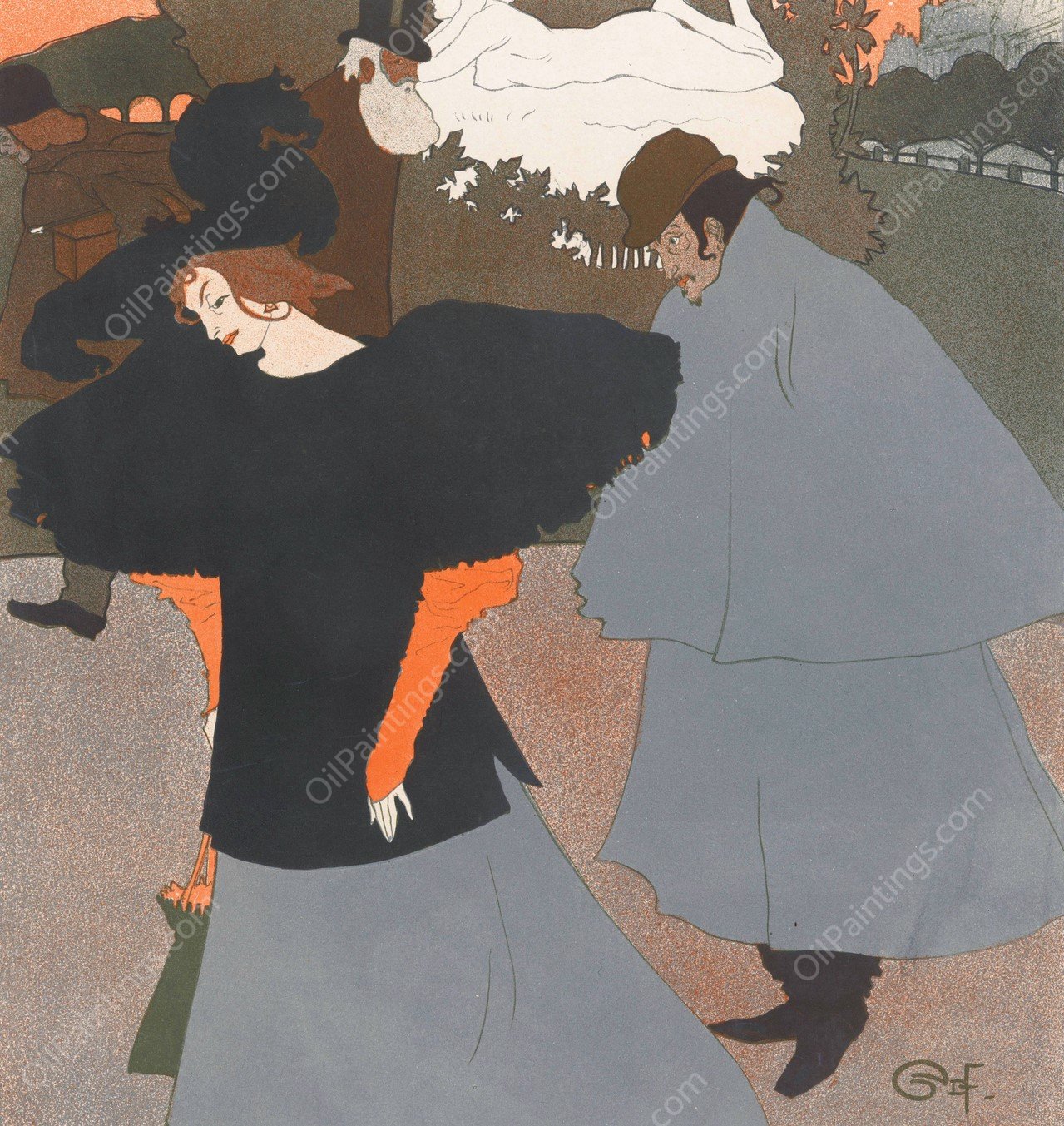 Dame op straat gevolgd door een heer  by Georges De Feure - Hand-Painted Oil Painting Reproduction