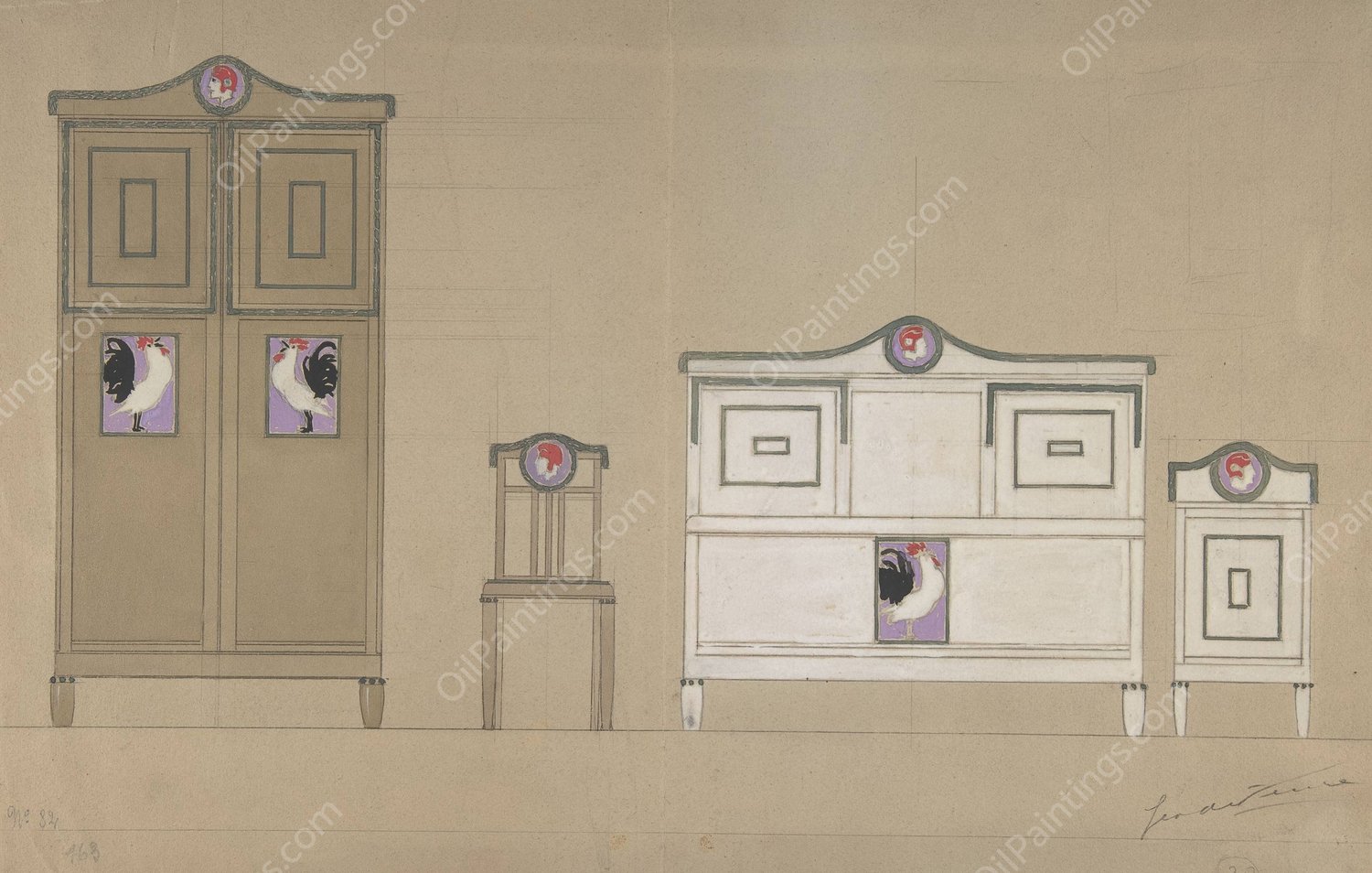 Furniture Designs; Wardrobe, Chair, Bureau and Washstand by Georges De Feure - Hand-Painted Oil Painting Reproduction