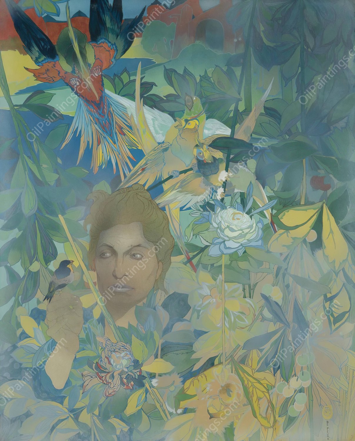 Visage De Femme Sur Fond De Vegetation Luxuriante Et D'oiseaux Fantastiques by Georges De Feure - Hand-Painted Oil Painting Reproduction