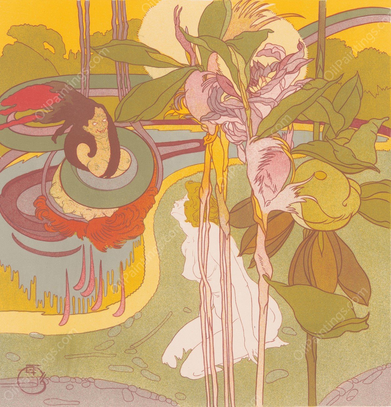 Vrouw krijgt visioen in een tuin  by Georges De Feure - Hand-Painted Oil Painting Reproduction