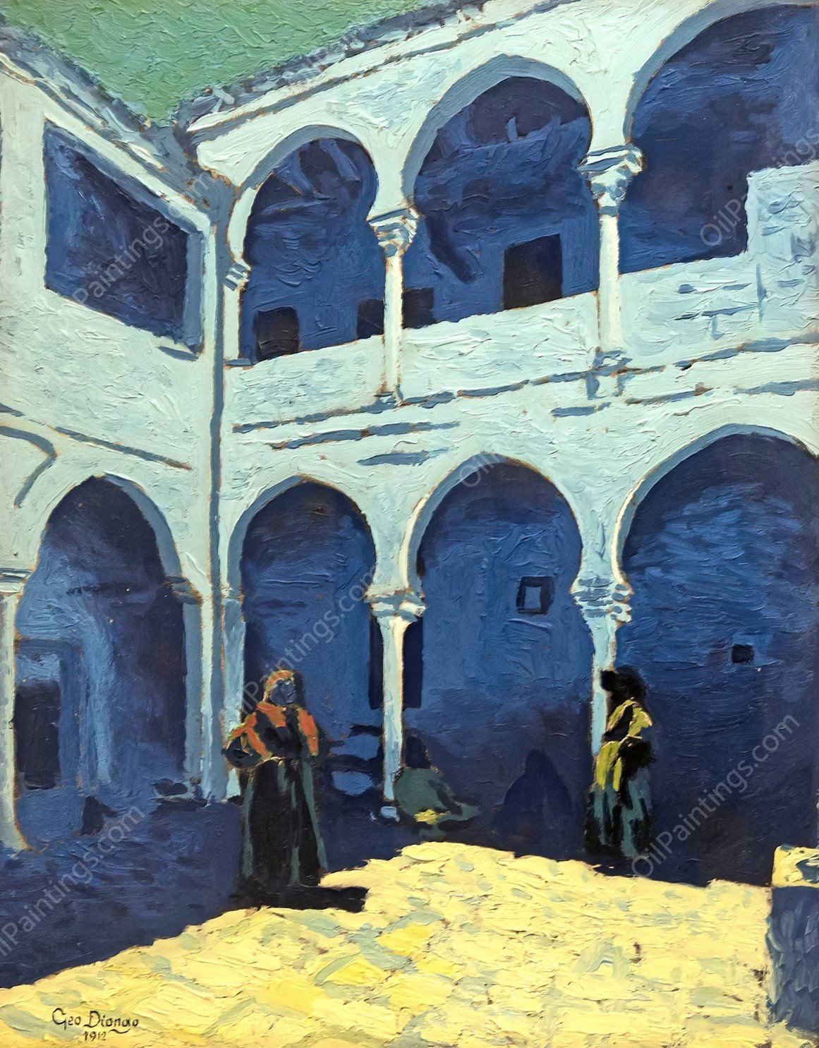 Courtyard of a Moroccan riad  by Georges Gaudion - Hand-Painted Oil Painting Reproduction