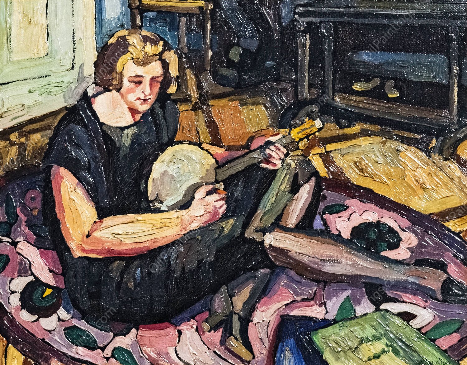 Luce on the banjo in the living room in Rabastens by Georges Gaudion - Hand-Painted Oil Painting Reproduction