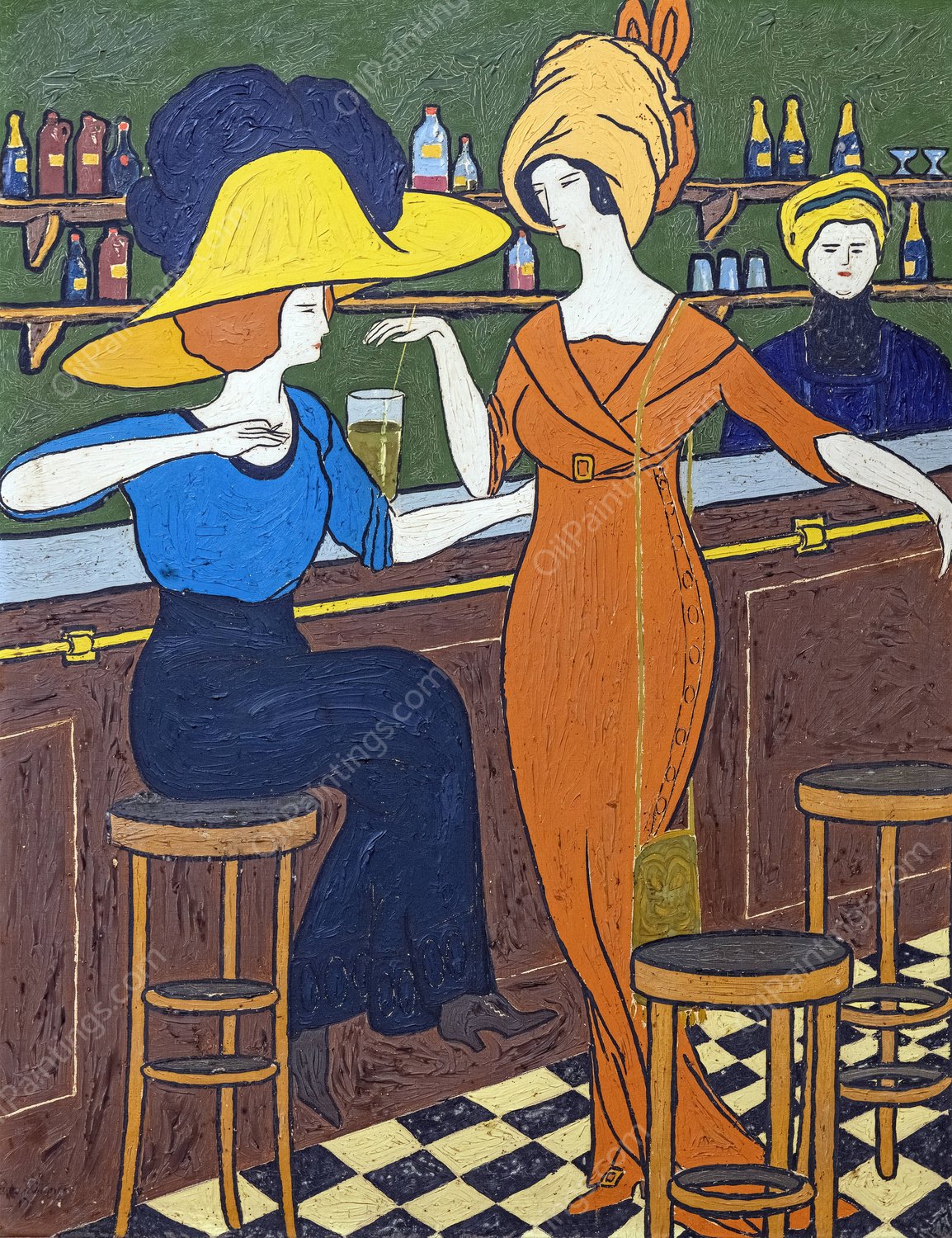 Women in cafe  by Georges Gaudion - Hand-Painted Oil Painting Reproduction