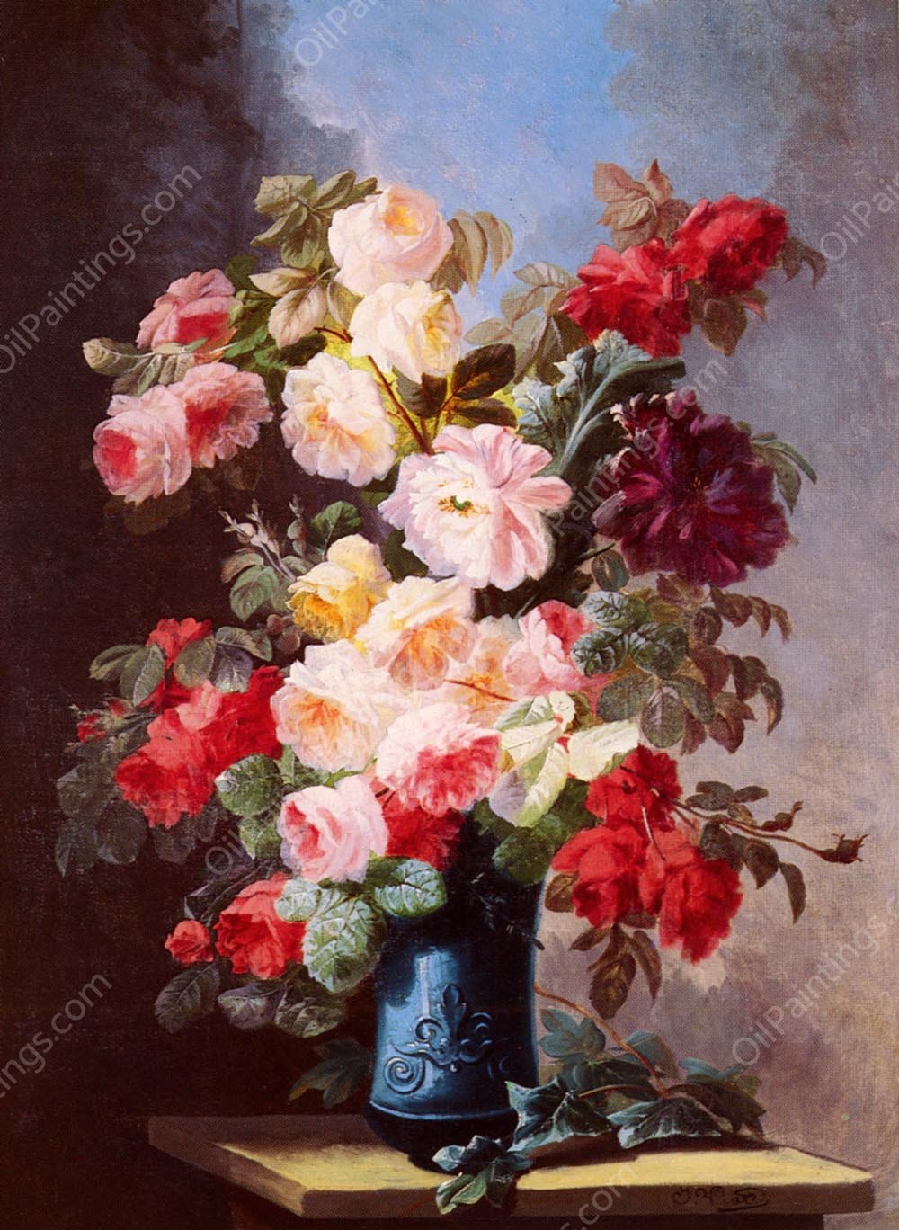 A Still Life With Roses And Peonies In A Blue Vase by Georges Viard - Hand-Painted Oil Painting Reproduction