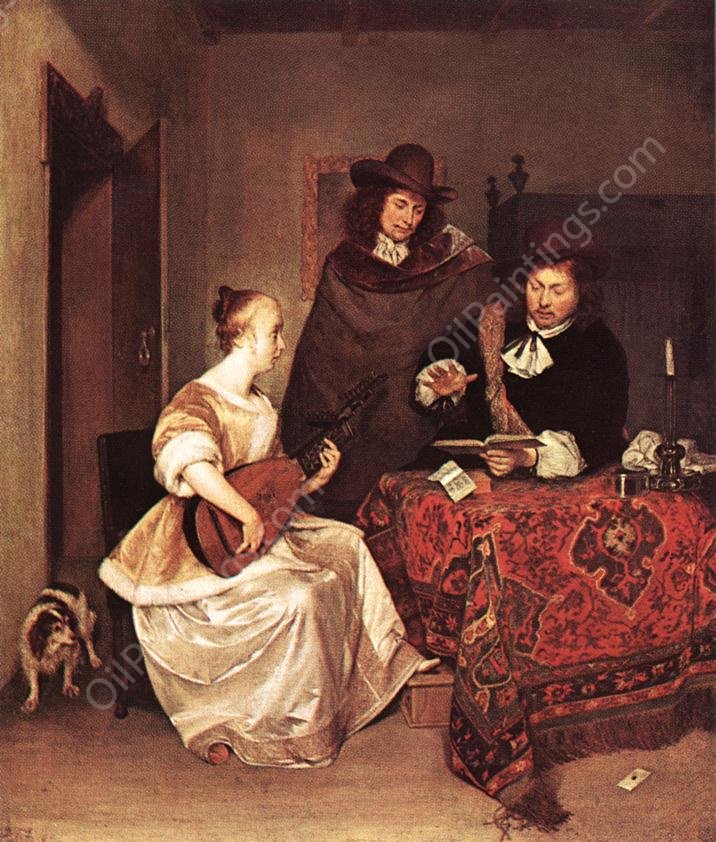 A Young Woman Playing a Theorbo to Two Men by Gerard Terborch - Hand-Painted Oil Painting Reproduction