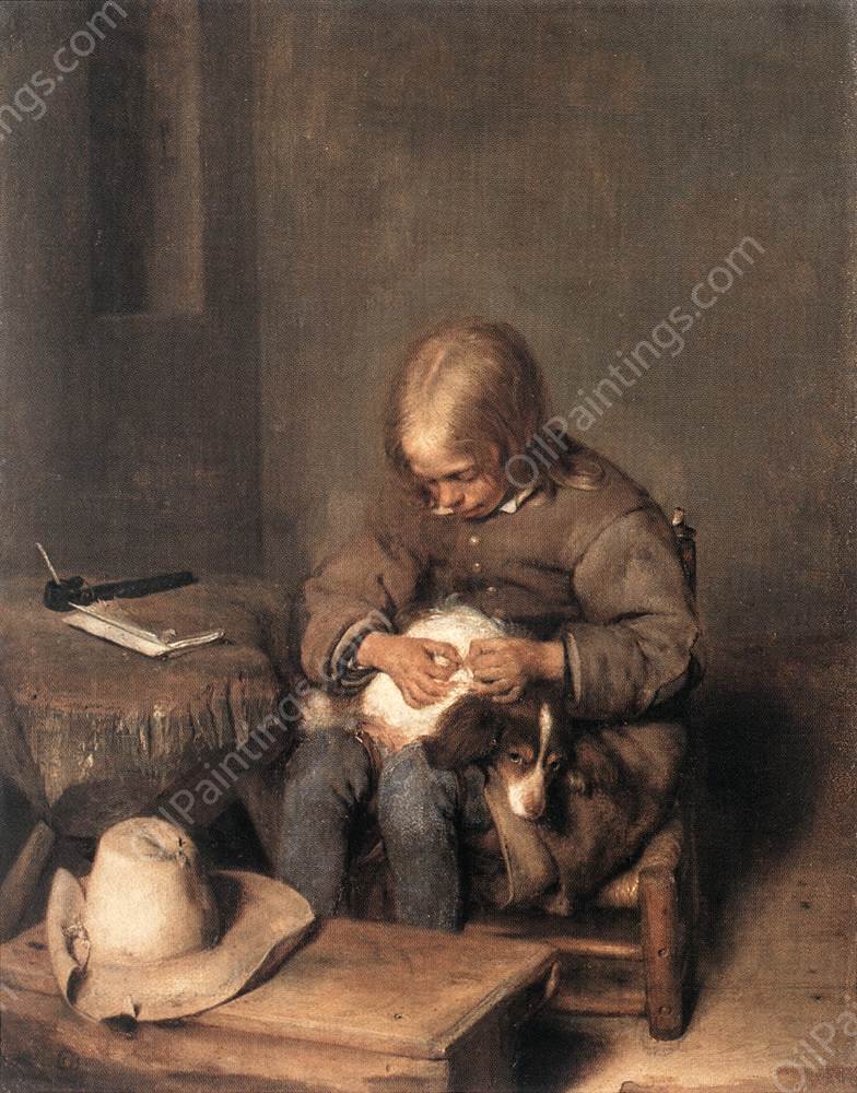 Boy Ridding His Dog of Fleas by Gerard Terborch - Hand-Painted Oil Painting Reproduction