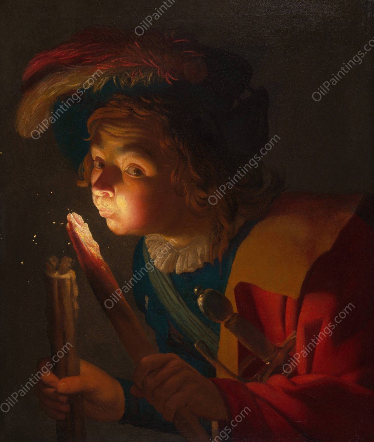 A Boy Blowing on a Firebrand  by Gerard Van Honthorst - Hand-Painted Oil Painting Reproduction