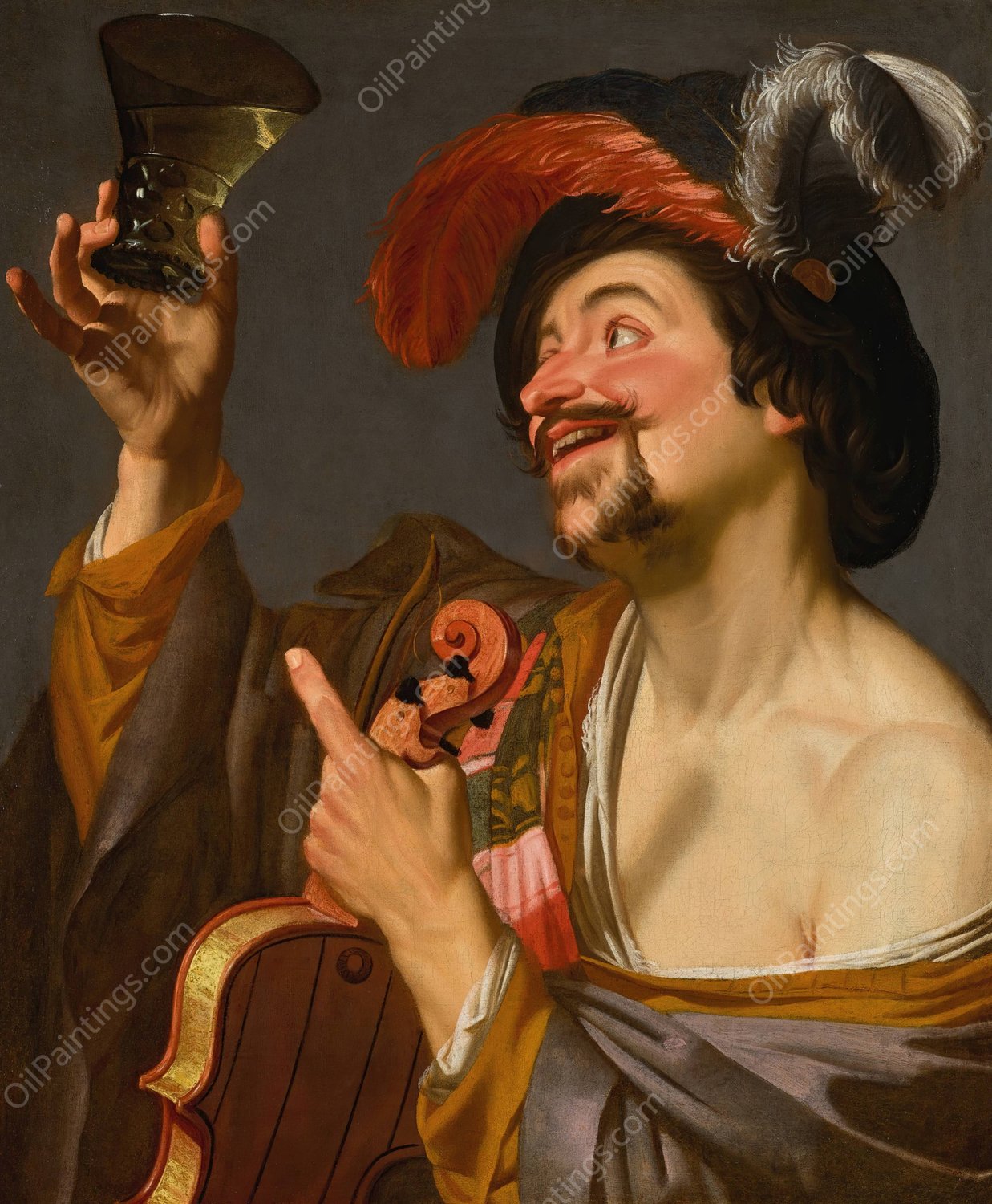 A merry violinist holding a roemer by Gerard Van Honthorst - Hand-Painted Oil Painting Reproduction