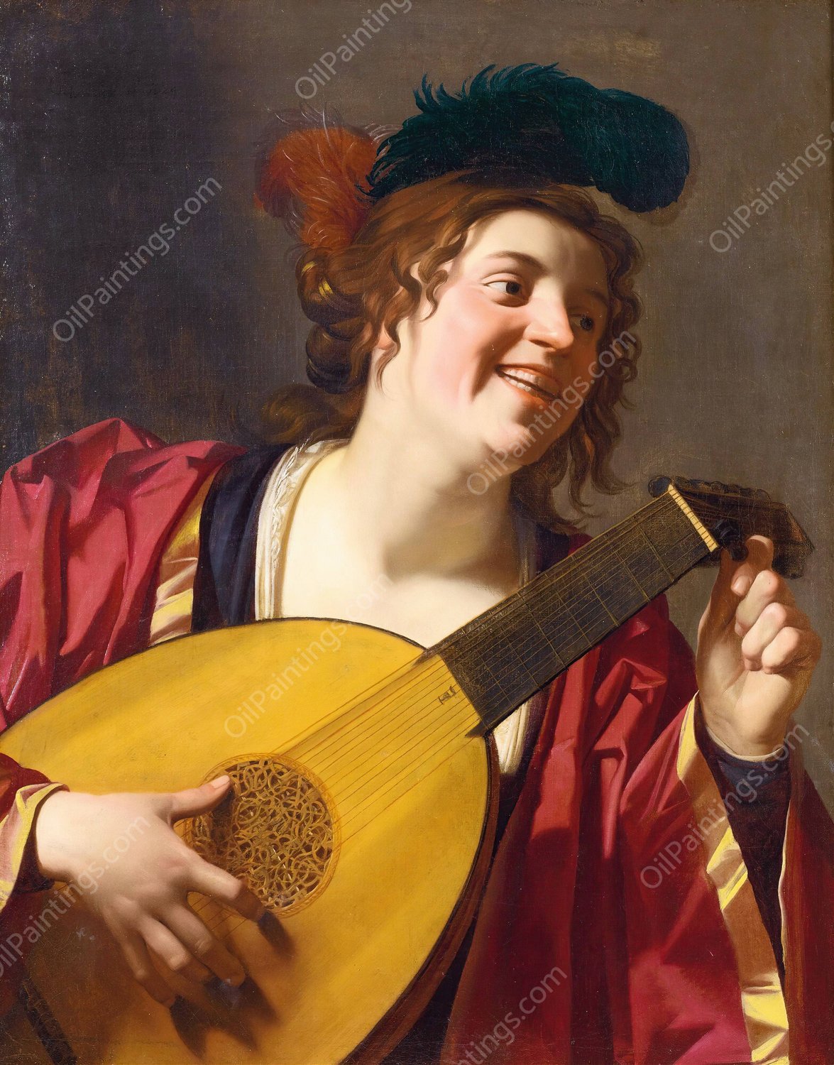 A Woman Tuning A Lute  by Gerard Van Honthorst - Hand-Painted Oil Painting Reproduction
