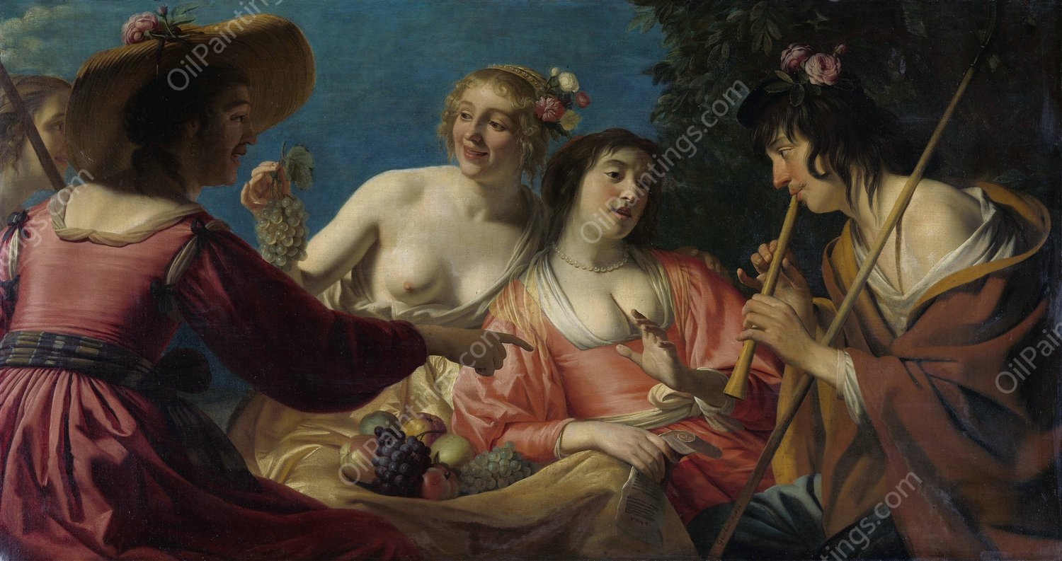 Shepherd Playing the Flute, and four Shepherdesses  by Gerard Van Honthorst - Hand-Painted Oil Painting Reproduction